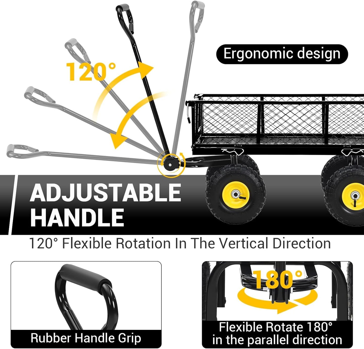 900 Lbs Steel Garden Cart. Heavy Duty Metal Garden Wagon with 10" Wheels, Pullable Metal Garden Wagon with 180° Rotating Handle and Removable Sides for Farm, Yard