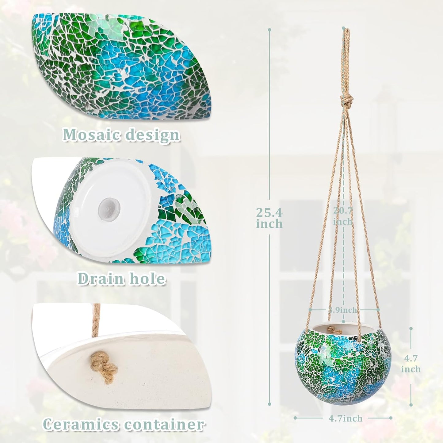 Hanging Planter Mosaic Garden Pot Small Flower Pot for Indoor Plant Disco Ball Hanging Planter with Drainage Green