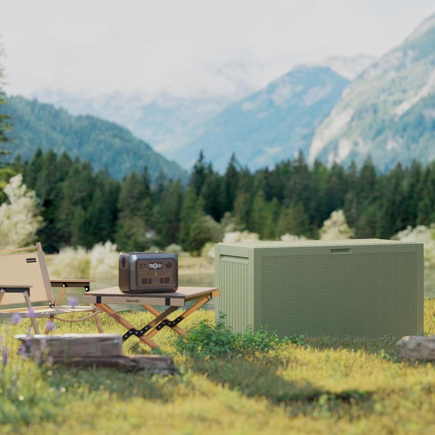 90 Gallon Outdoor Storage Box, Lockable Outside Storage Box Waterproof, Patio Cushions Deck Storage Boxes, Rattan Plastic Garden Hose Containers Resin Pool Storage Bins with lids, Sage Green