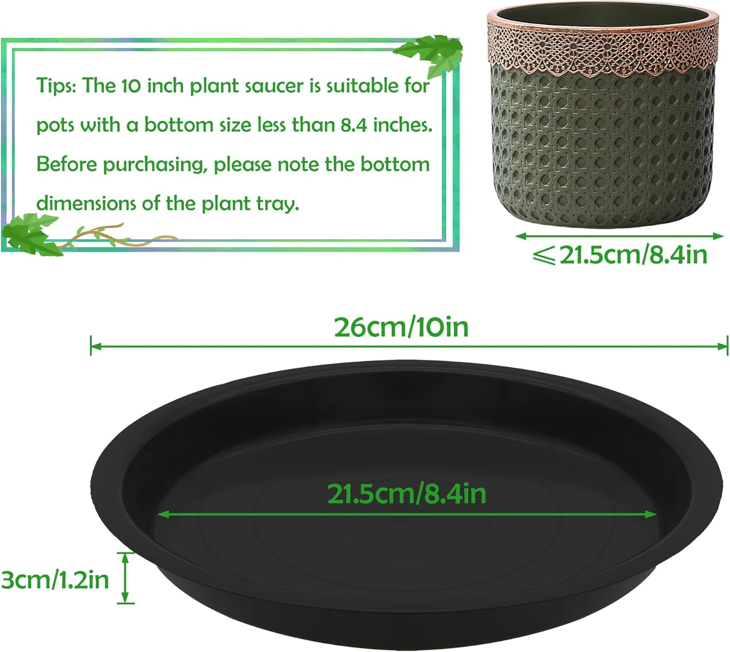 6 Pack 10 Inch Round Plant Saucers for Less 8.4 Inch Pot Indoors Outdoors Plant Trays for Pots Planter Saucer Plastic Plant Drip Tray Planter Water Tray for Potted Plants(Black, 10"(6pcs))