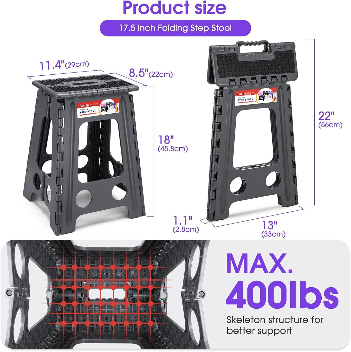 ACSTEP 17.5 Inch Folding Step Stool for Adults and Kids, Non-Slip Plastic Foldable Stepping Stool, Collapsible Folding Stool with Handle Holds Up to 400lbs for Kitchen, Dot Grey (1 Pack)