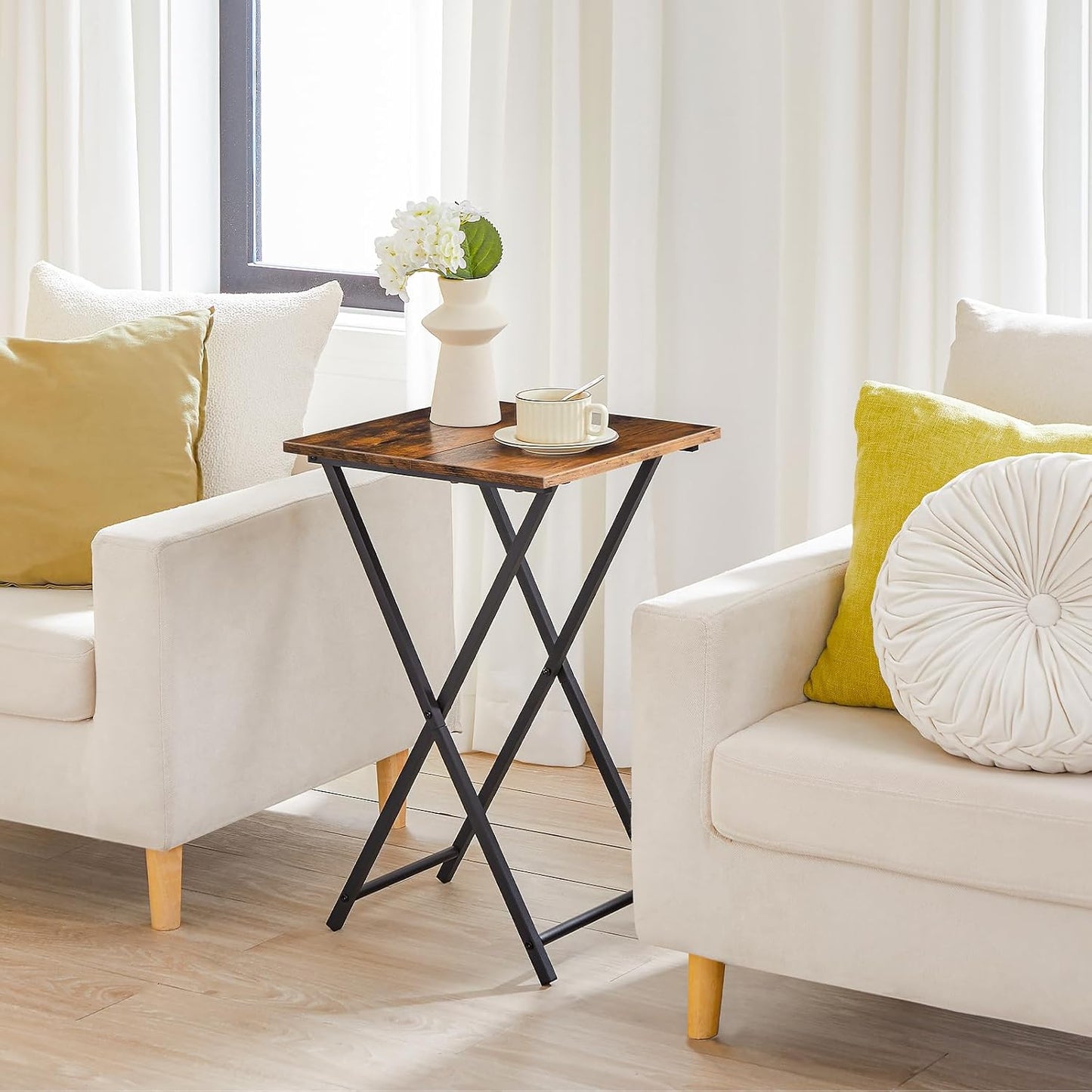 HOOBRO Folding TV Tray Tables, Set of 2 Wooden TV Trays Side Tables, Portable Sofa Snack Table, Industrial End Table for Small Spaces, Easy to Install and Fold, Rustic Brown and Black BF27BZP201