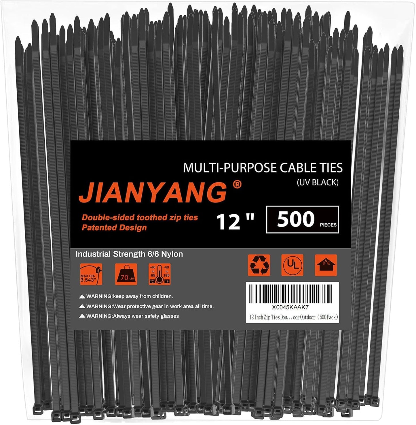 12 Inch Zip Ties Double Sided Toothed,70 LBS Tensile Strength Heavy Duty Cable Wire Ties With Self-Locking Adjustable More Durable Nylon Tie Wraps for Indoor Outdoor（500 Pack）