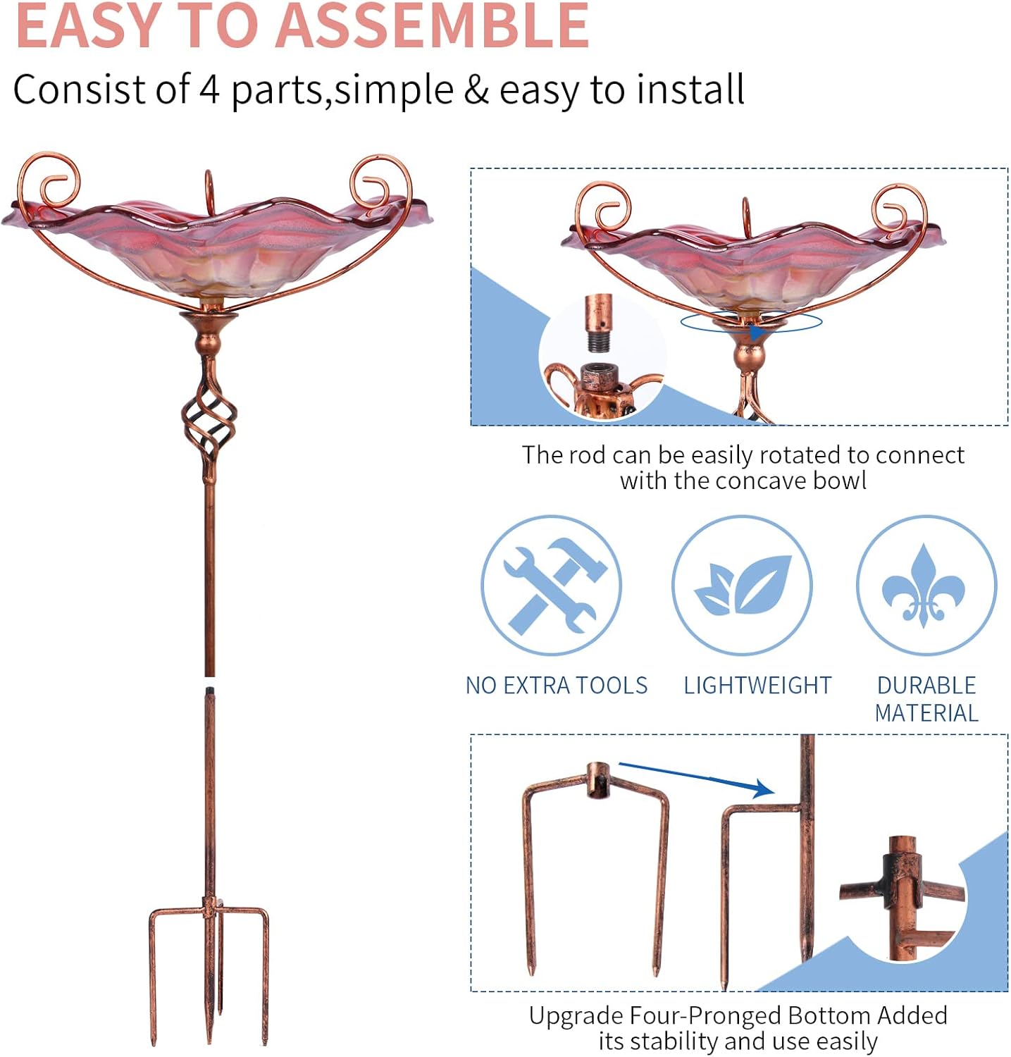 VCUTEKA Bird Bath, Glass Bird Baths for Outdoors Birdfeeder with Metal Stake Birdbath Garden Decor, Red