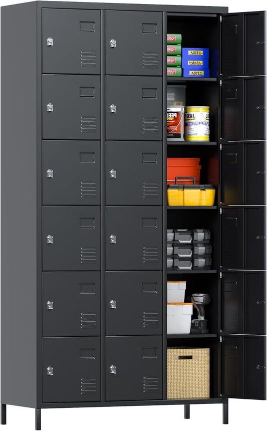 Aobabo 18 Doors Metal Storage Locker for Employees, Lockable Storage Locker with Metal Leg for Employees School Office Gym, Black, Assembly Required