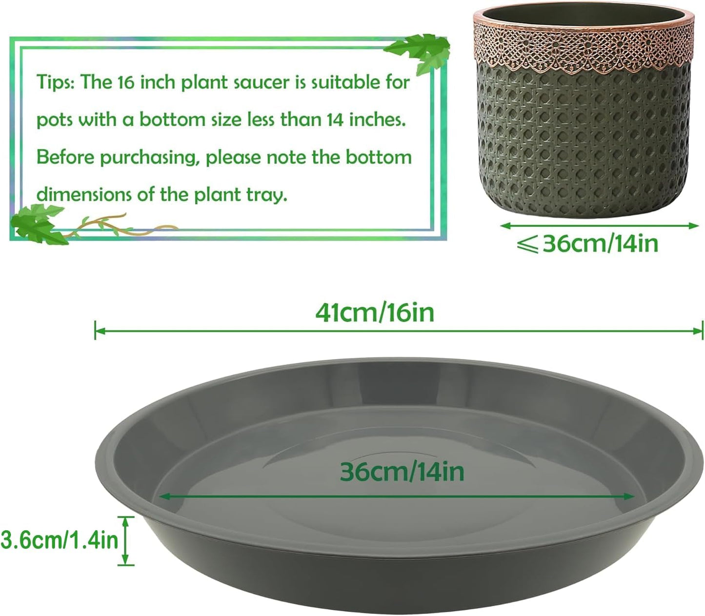 4 Pack 16 Inch Round Plant Saucers for Less 14Inch Pot Indoors Outdoors Plant Trays for Pots Planter Saucer Plastic Plant Drip Tray Flower Planter Water Tray for Potted Plants(Gray, 16"(4pcs))