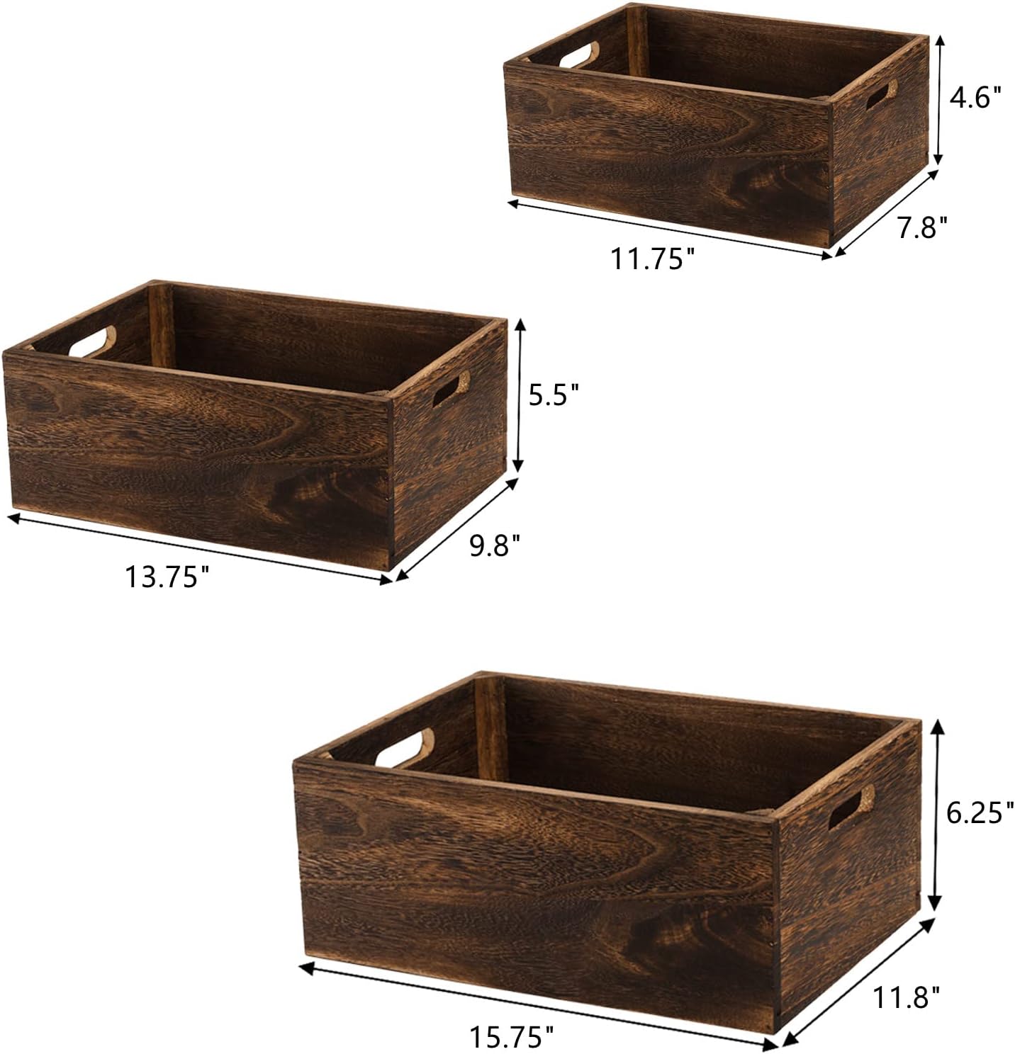 Frcctre Set of 3 Wood Nesting Storage Crates with Handles, Decorative Farmhouse Wooden Crates Storage Containers Rustic Handmade Natural Solid Wood Basket