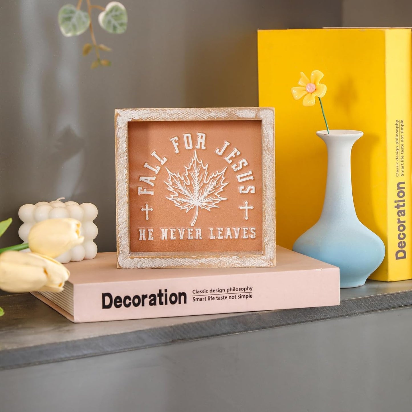 FESTWIND Embossed Orange Fall Leaf Sign, Farmhouse Autumn Decorations, Wooden Fall Tiered Tray Decor for Shelf Cubicle Desk Mantel, Rustic Thanksgiving Table Decor