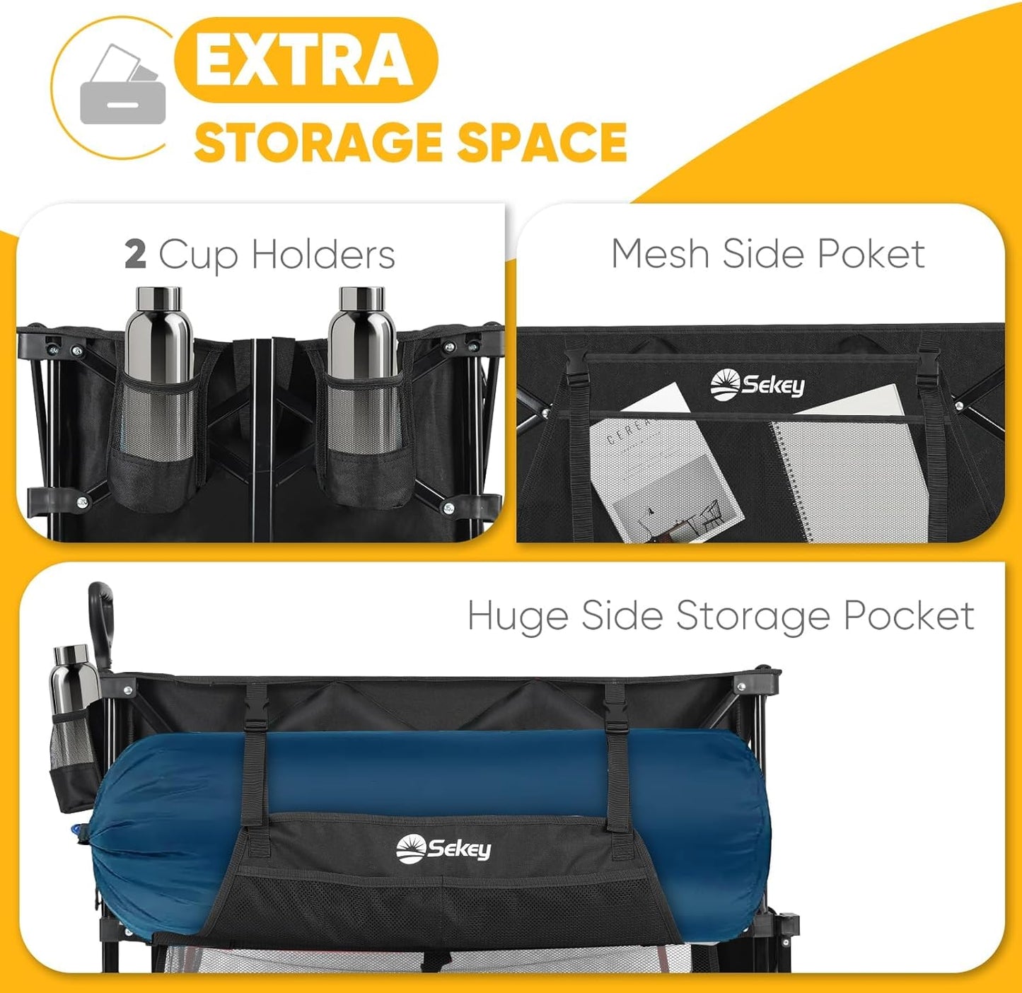 400L Large Capacity Folding Double Decker Wagon with Brakes, 48" Extra Long Extender Cart, 500lbs Heavy Duty Collapsible Wagons, All-Terrain Big Wheels for Camping, Sports, Shopping. Black