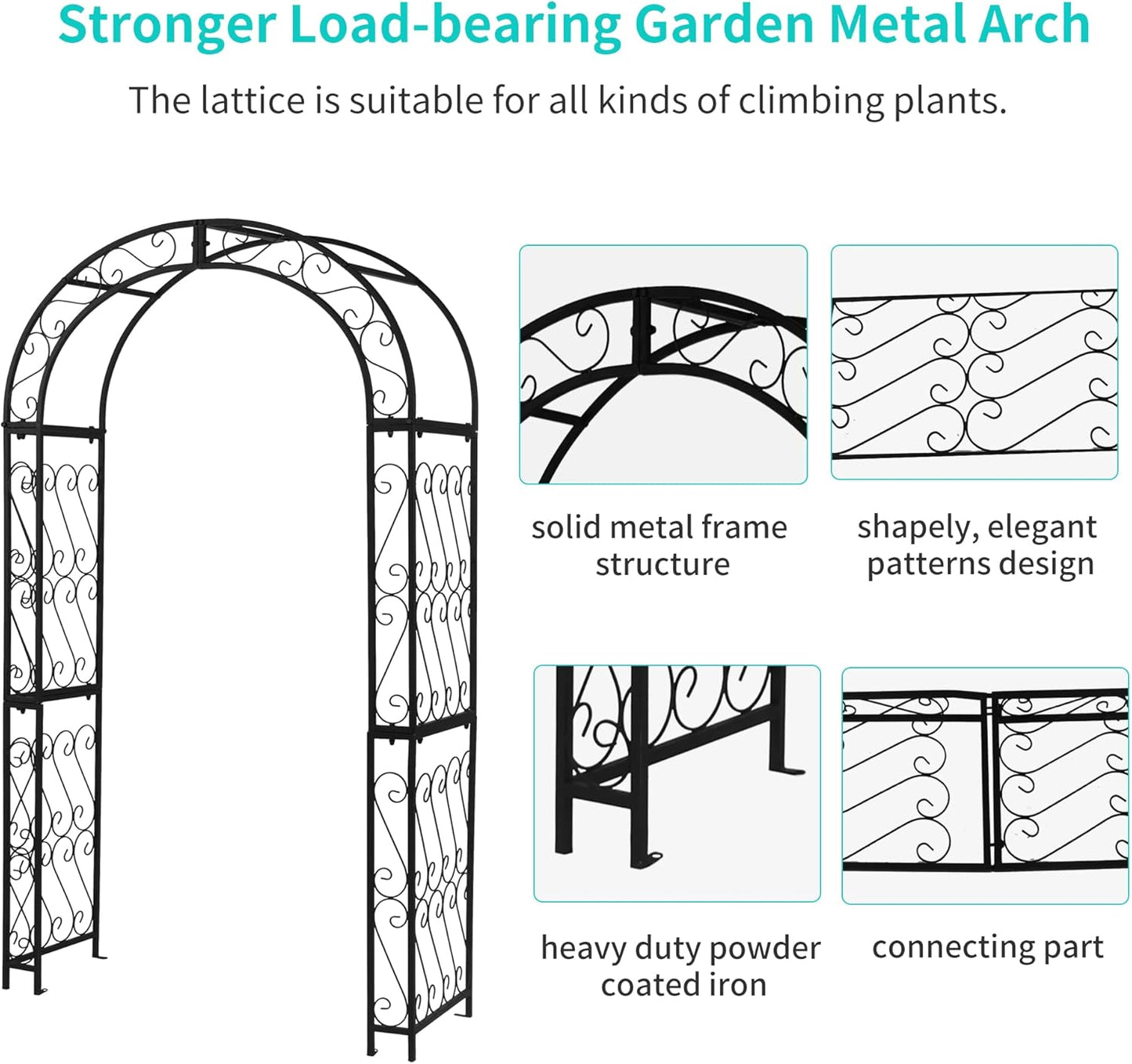 48.8" W x 83.8" H Garden Arch, Black Sturdy Metal Iron Arbor, Courtyard Cast Trellis for Various Climbing Plant, Outdoor European-Style Archway Wedding Ceremony Party