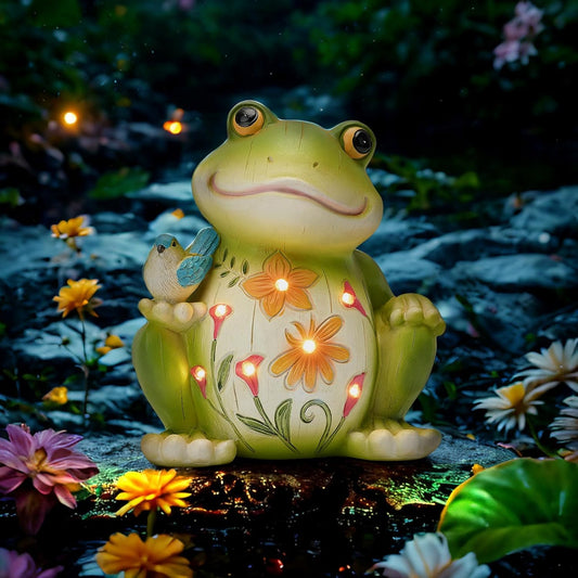 Solar Garden Frog Decor Outdoor Statue - Frog with LED Waterproof Sculptures Lights, Cute Pond/Yard Statues Outside Decoration, Home, Lawn, Patio, Resin Animal Ornament, Women/Gardening Gift