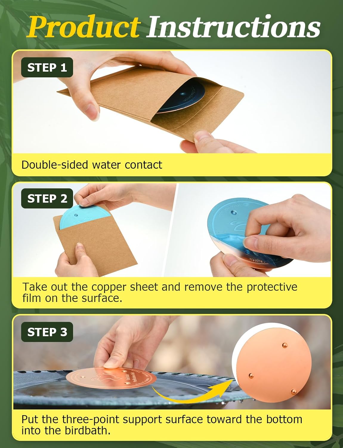 Mellbree 3-Pack Bird Bath Copper Disk, 0.6mm Reinforced 99.99% Pure Copper Cleaning Disk with Triple-Point Support for Physical Safe Clean Water All-Season