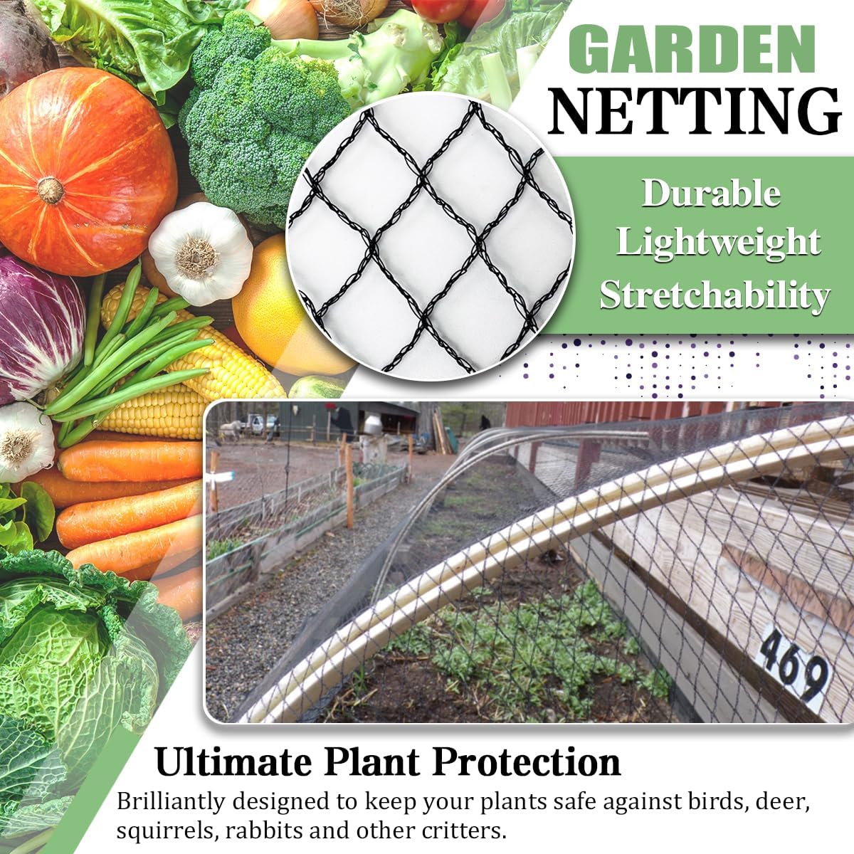 Bird Netting，25 x 25 FT Garden Netting Bird Net for Chicken Coop, Poultry Netting Fence for Fruit Trees, Plants and Vegetables Against Birds, Deer, Squirrels and Other Animals