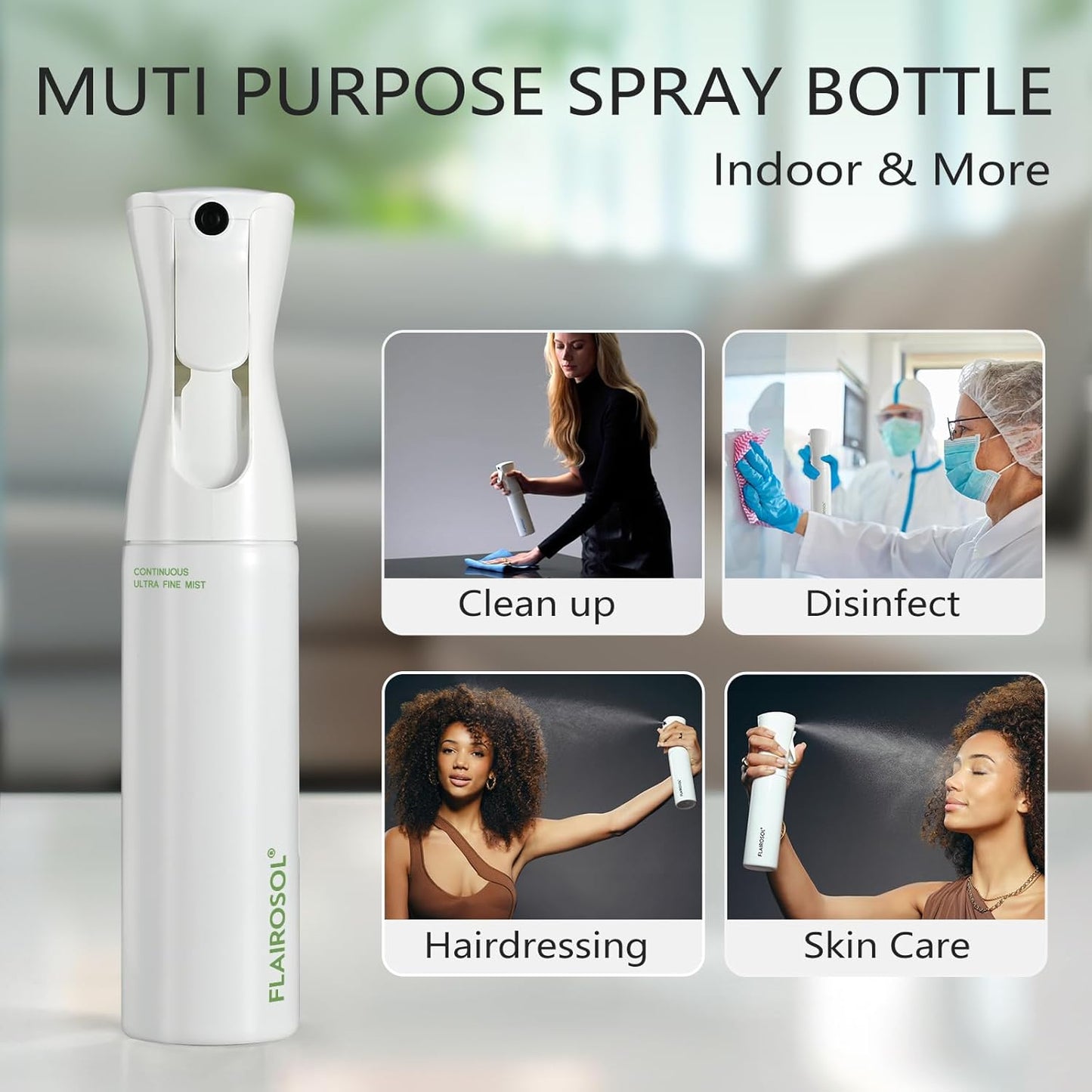 FLAIROSOL - The Original, Plant Mister Spray Bottle for Indoor and Gardens, Continuous Water Mist Sprayer for Plants, Flowers, Cleaning,10.1oz (White Bottle - Green Print)