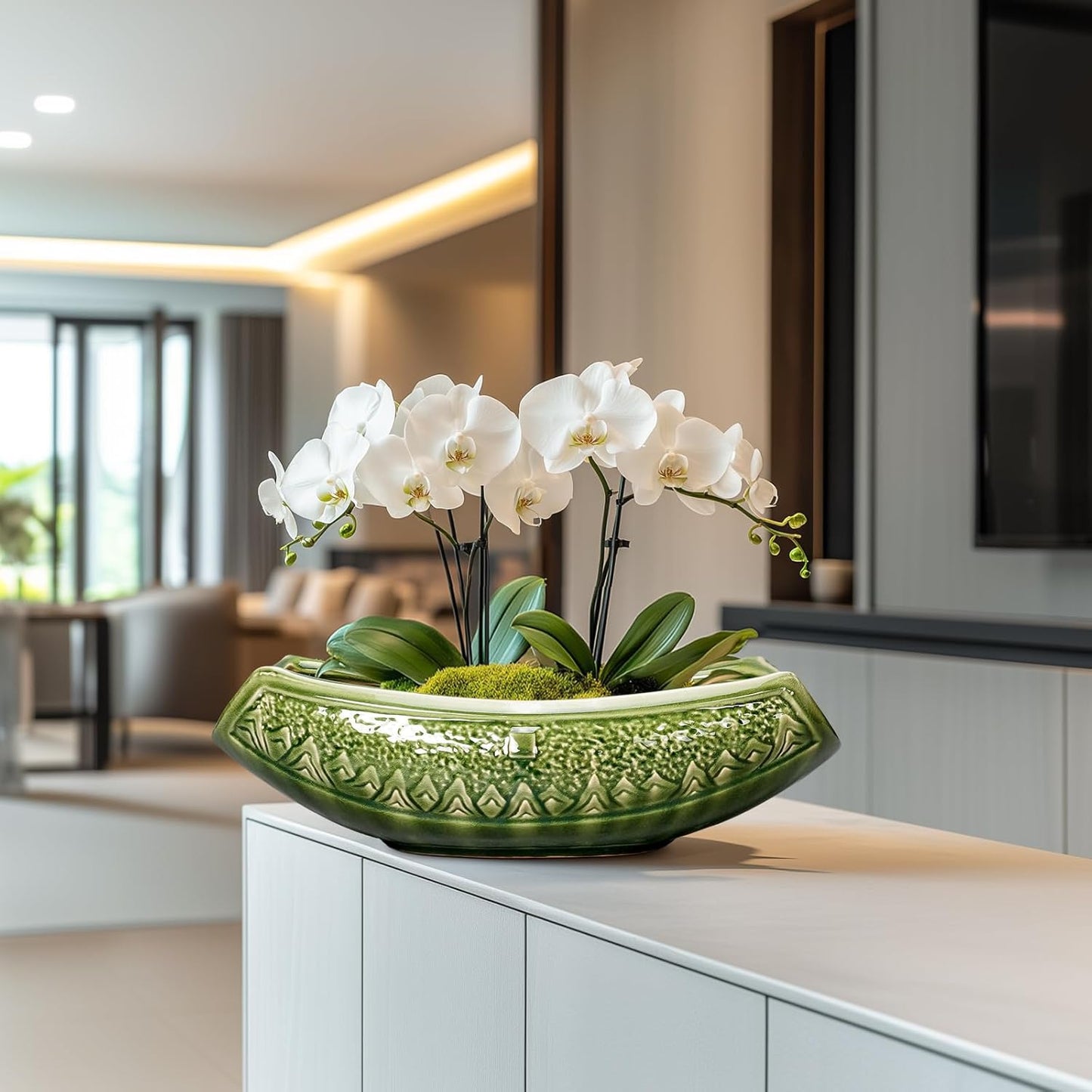 Bonsai Planter 18 Inch - Large Ceramic Succulent Pots with Drainage Hole, Bonsai Pots for Indoor Outdoor Plant, Ceramic Flower Pot, Decorative Plant Pot, Garden Decor, Housewarming Gift, Green