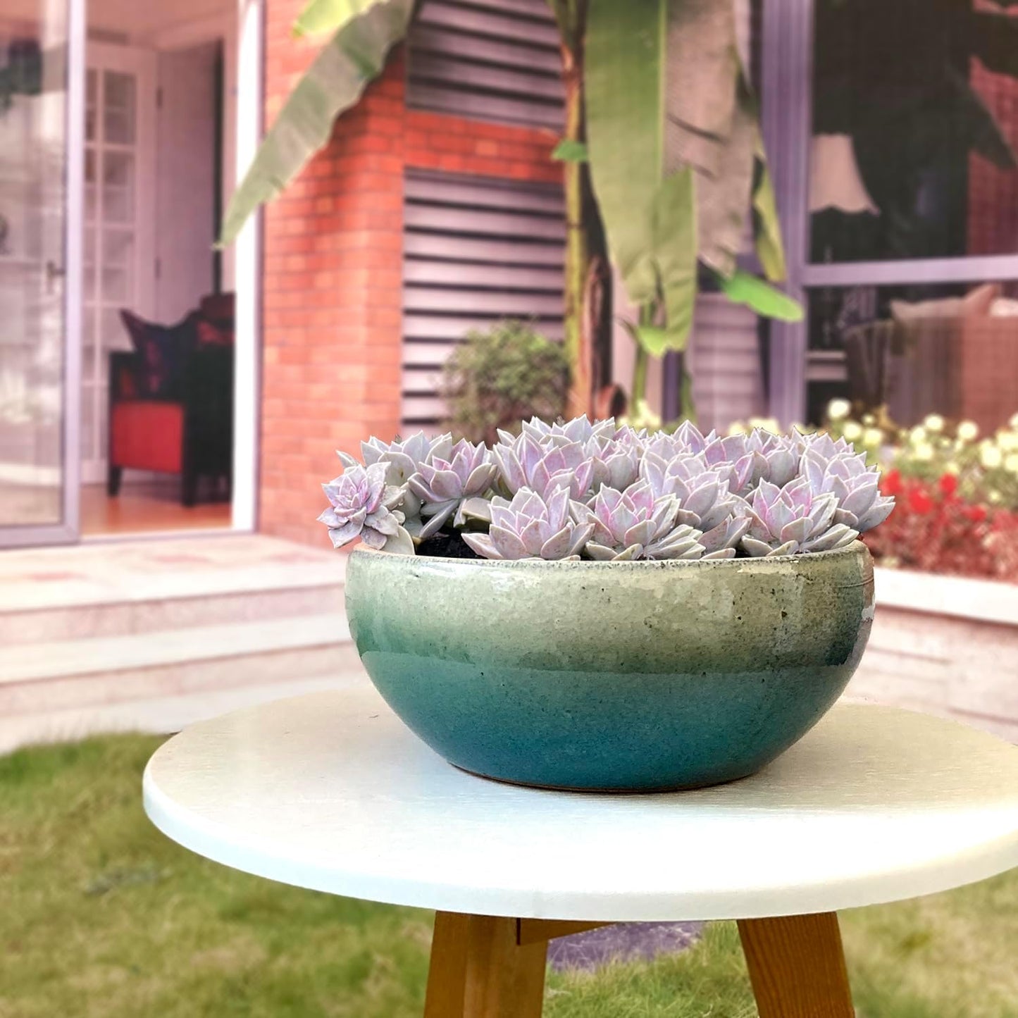 11 9 7 Inch Succulent Pot with Drainage and Mesh Pads Large Round Ceramic Plant Pot for Indoor Outdoor Plants Succulent Planter Cactus Bonsai Pot Container Set of 3 (White Green)