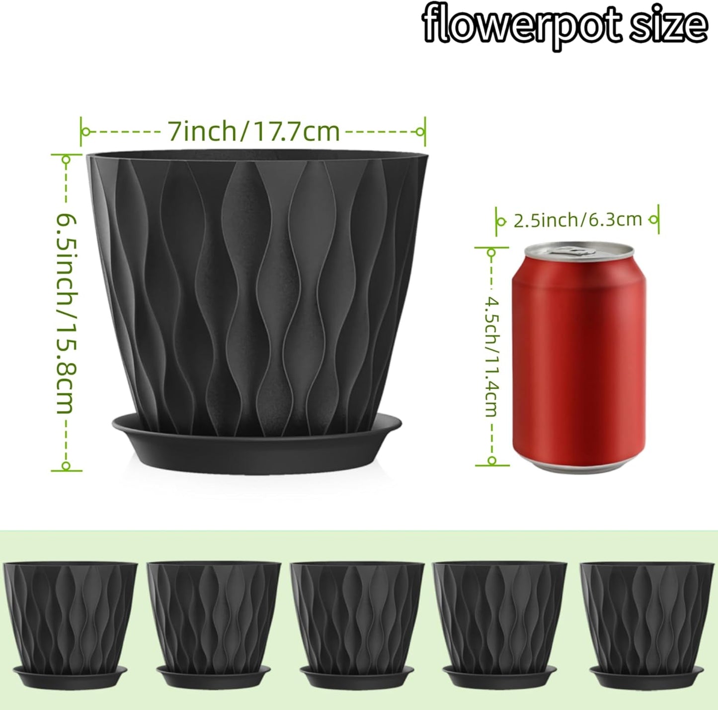 7 Inch Plant Pots Set of 5, Plastic Flower Pots with Drainage Holes and Trays, Planter Pot for Indoor Plants, Decorative Pots for Plants Indoor/Outdoor （Multicolor）