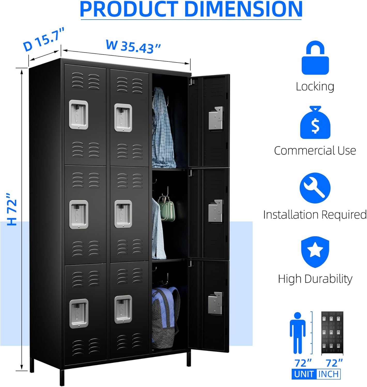 9 Doors Metal Lockers for Employees with Lock, Metal Locker with 18 Hooks for School Garage Office Gym Home,Assembly Required,Black