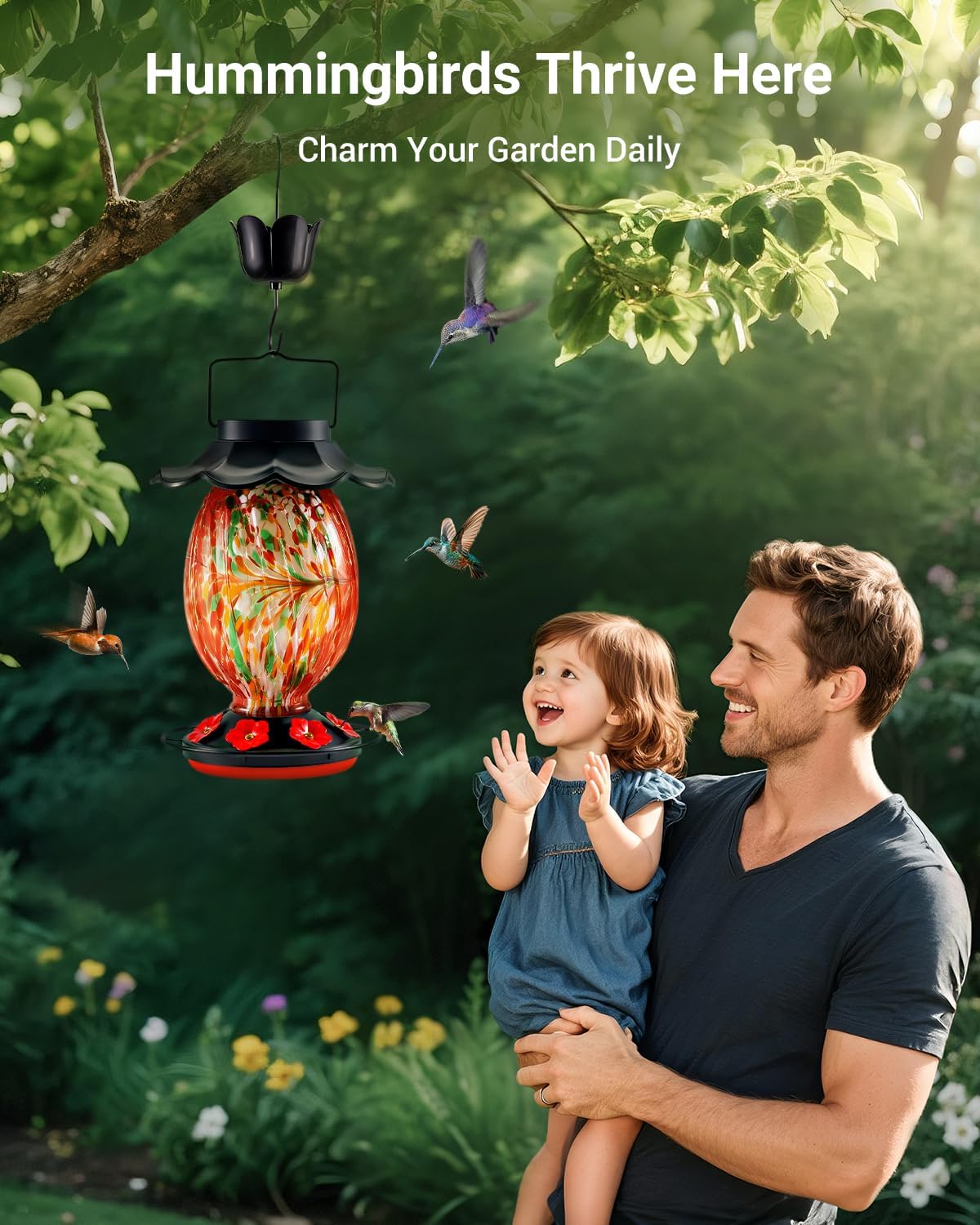 Solar Hummingbird Feeder - 49 fl.oz Hand Blown Glass Color Changing - 7 Feeding Ports with Perch - Never Leak - Perfect Hummingbird Feeder