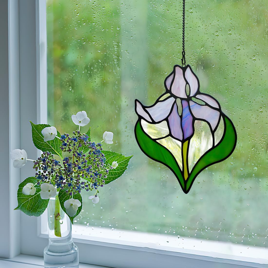 Iris Flower Stained Glass Window Hangings,Iris Flower Gifts for Women,Artificial Flowers Stained Glass Suncatcher for Window, for Mom