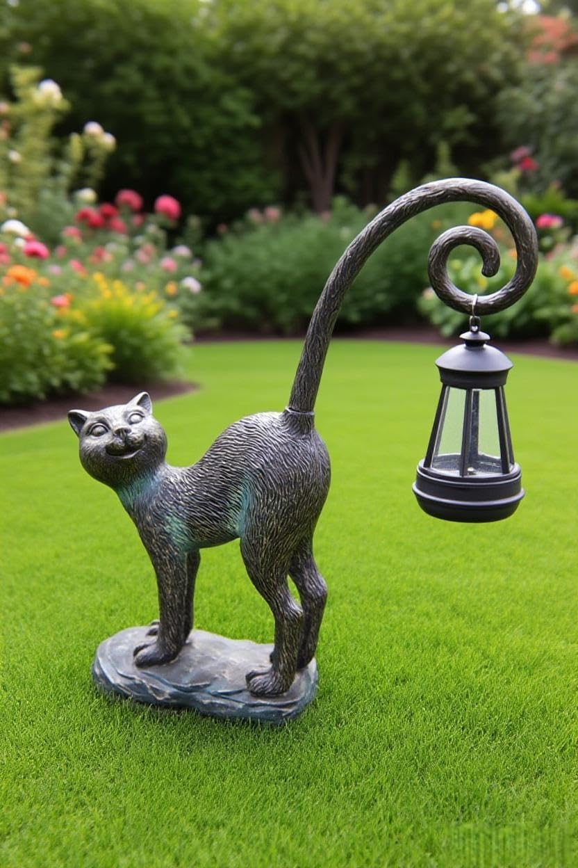 Solar Cat Outdoor Statues Halloween for Garden: Outdoor Decor Cat Figurine for Yard, Lawn, Patio, Porch, Balcony - Animal Art for Home Backyard - Birthday Gifts for Women Grandma Mom Sister