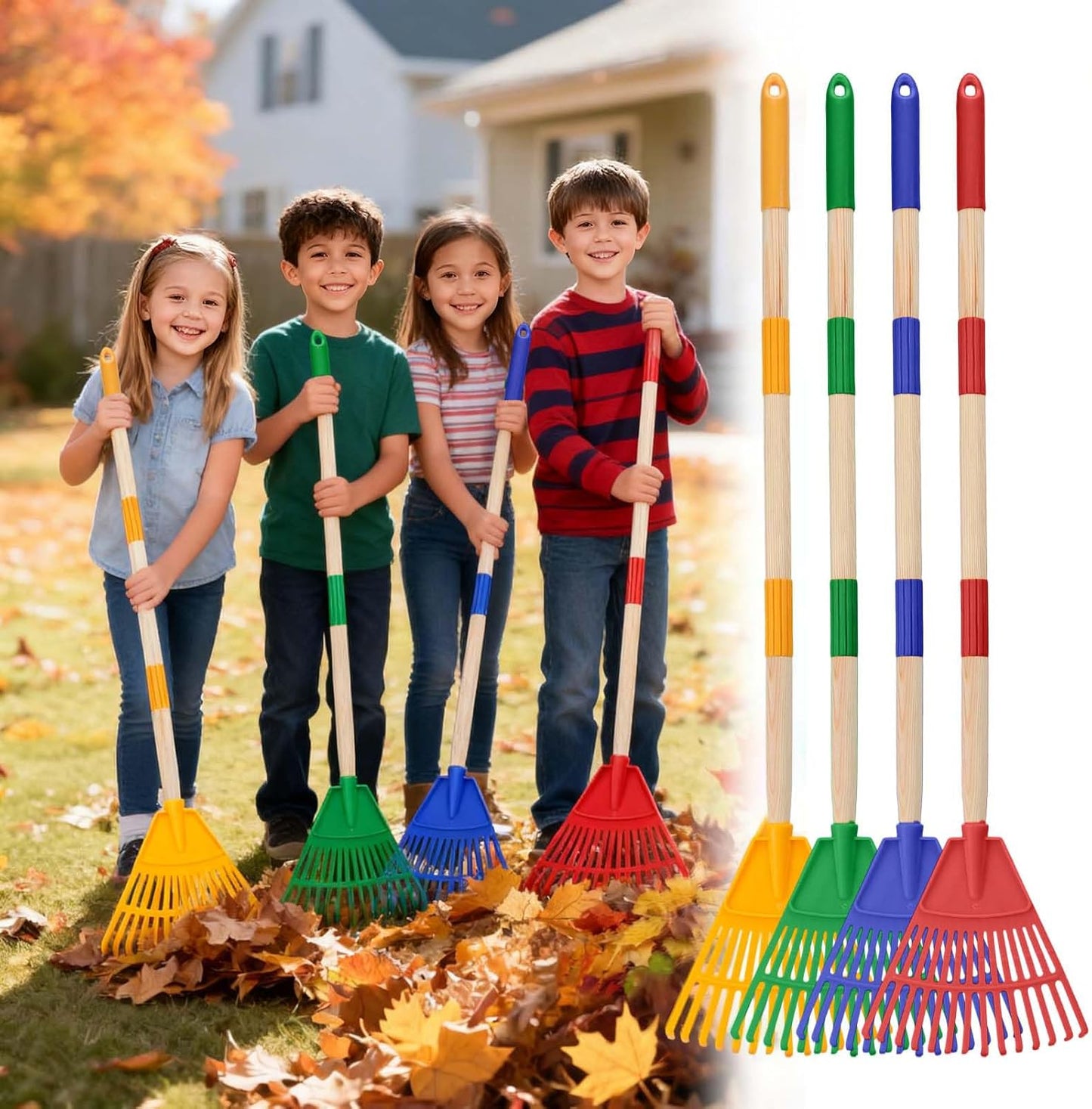4 Pcs 34" Lightweight Kids Rakes with Wood Handle - Plastic Garden Rake for Leaves, Safe to Use Kid Yard Tools for Boys Girls Fall School Outdoor Activities (Red, Yellow, Blue, Green)