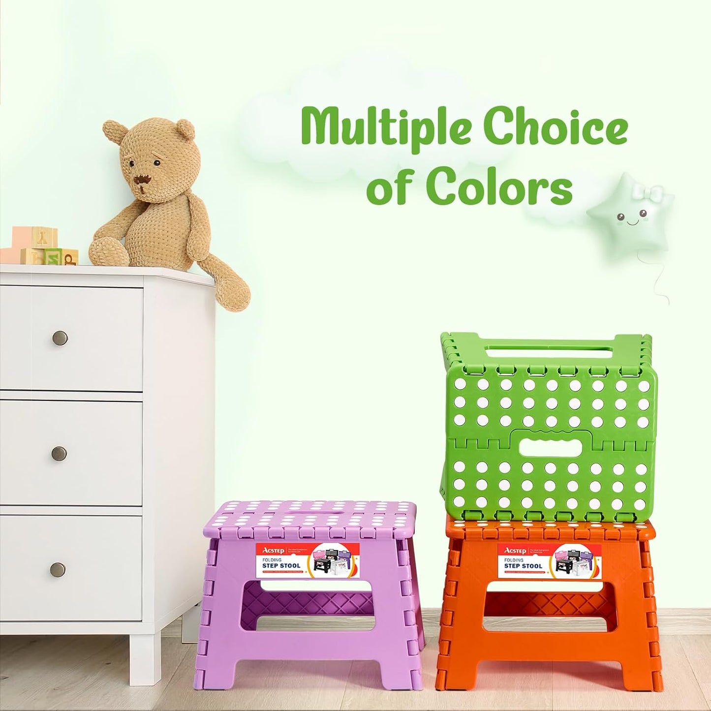 ACSTEP 9 Inch Folding Step Stool 300 LB Capacity Plastic Foldable Step Stools for Kids and Adults, Folding Stool Suitable for Kitchen, Stepping Stool with Handle Green Small Step Stool 1PC