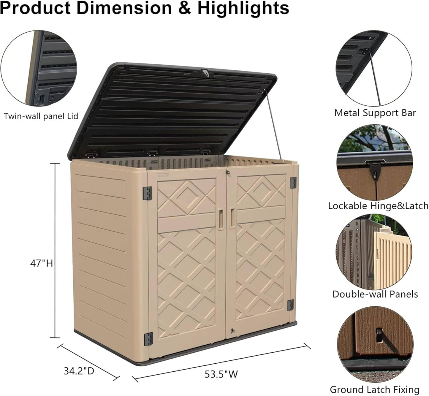 HOMSPARK Storage Shed Weather Resistance, Multi-Purpose Outdoor Storage Cabinet for Backyards and Patios, Horizontal Storage Shed for Lawnmower, Patio Accessories (Coffee, X Large - 48 cu.ft)
