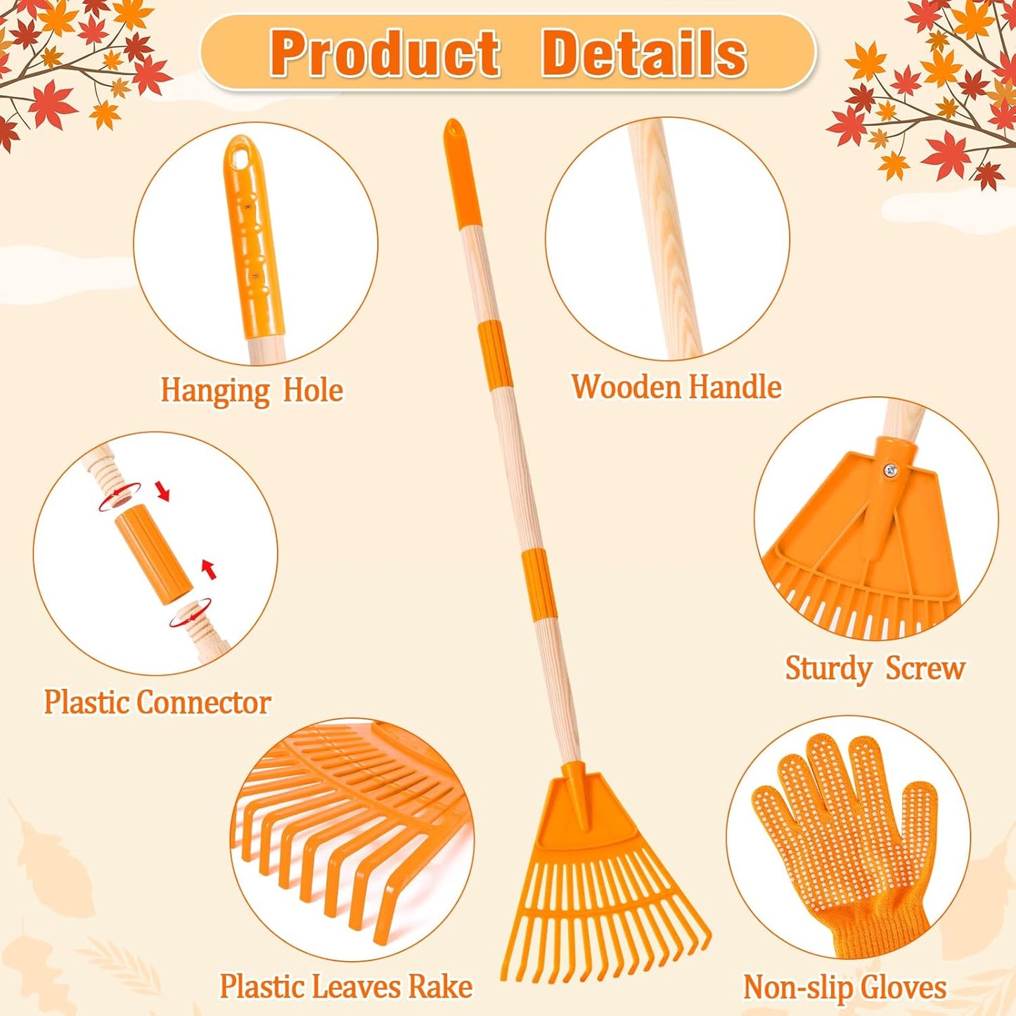4 Pcs 35'' Kids Rakes for Leaves - Plastic Rake Head with 4 Pairs Kids Gloves, Small Kids Lawn Rakes Detachable Wooden Handle, Autumn Garden Tool Set for Kids Boys and Girls, Orange, 3yr+