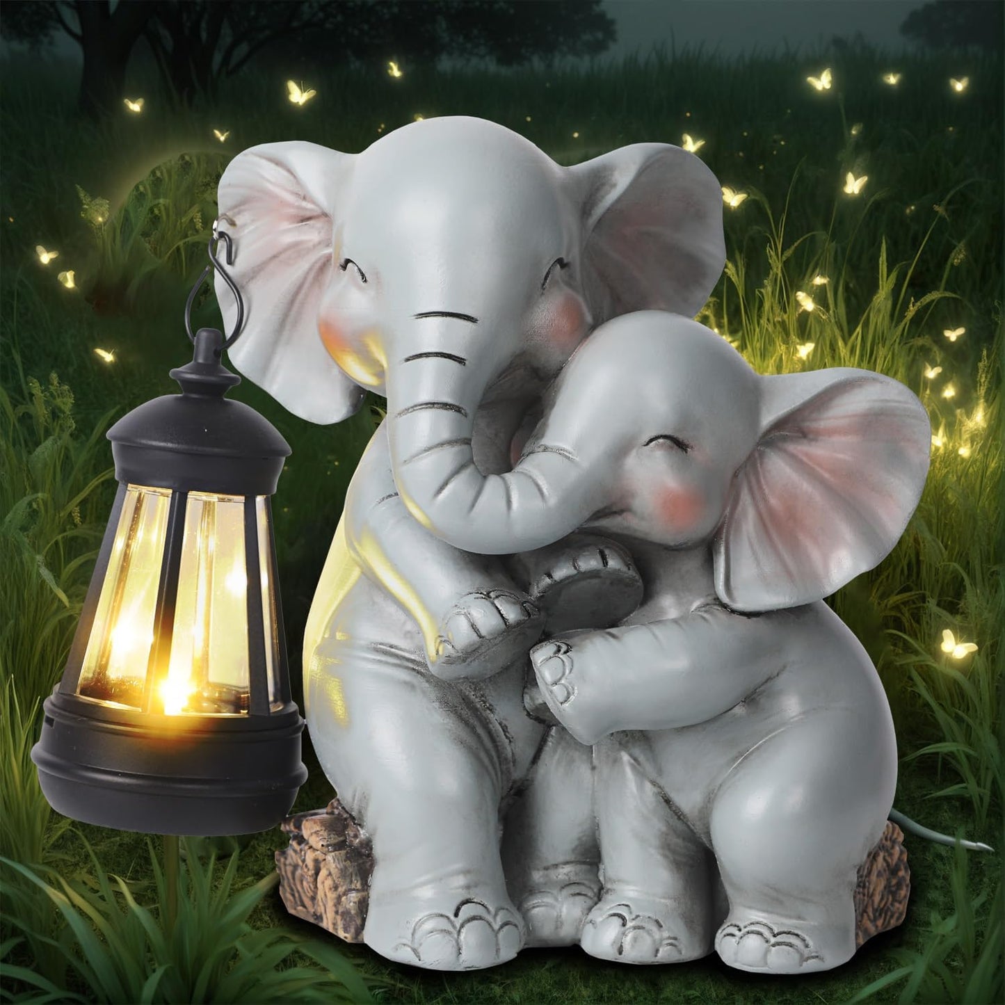 Solar Garden Decor - Mother Baby Elephant Statue with Solar Lantern 7" Resin Elephant Figurines Outdoor Yard Porch Lawn Patio Decor Housewarming Birthday Gift for Mom Grandma Women
