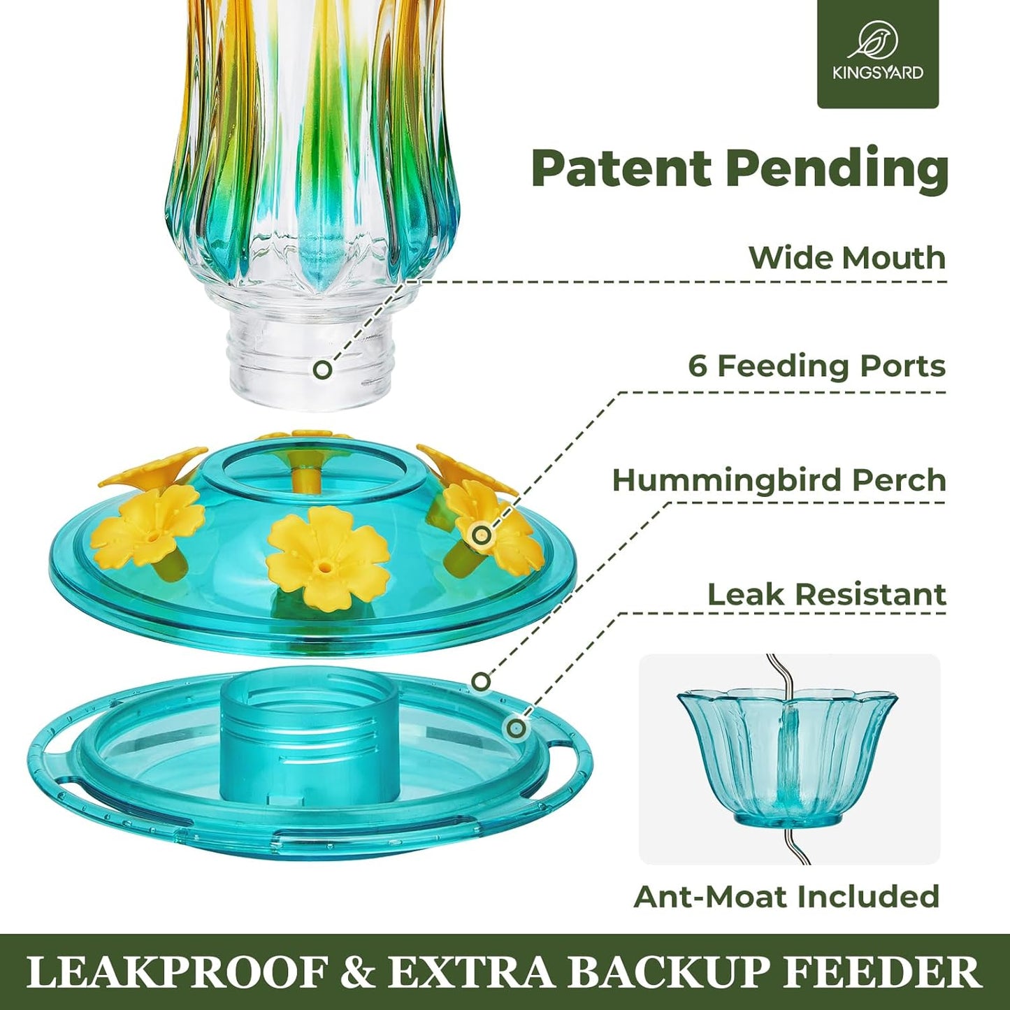 Kingsyard Hummingbird Feeder for Outdoors Hanging, 25 Ounces, Glass Humming Bird Nectar Feeder with Ant Moat & 6 Feeding Ports, Leak Proof, Turquoise