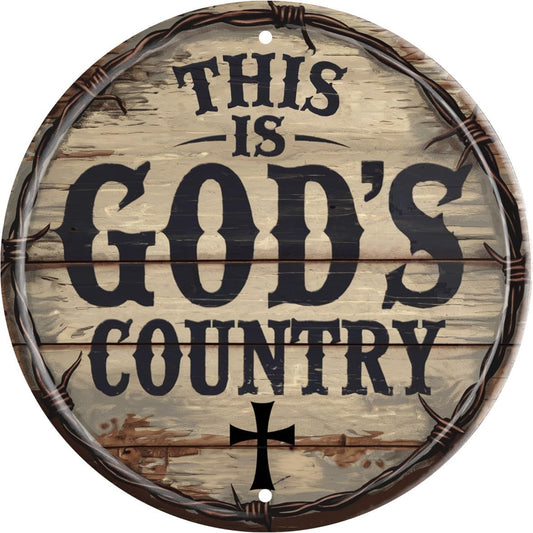 God's Country Welcome Sign for Front Door Round Metal Door Sign 8x8 Inch Home Art Office Coffee Shop or Bedroom Decor Gift Creativity