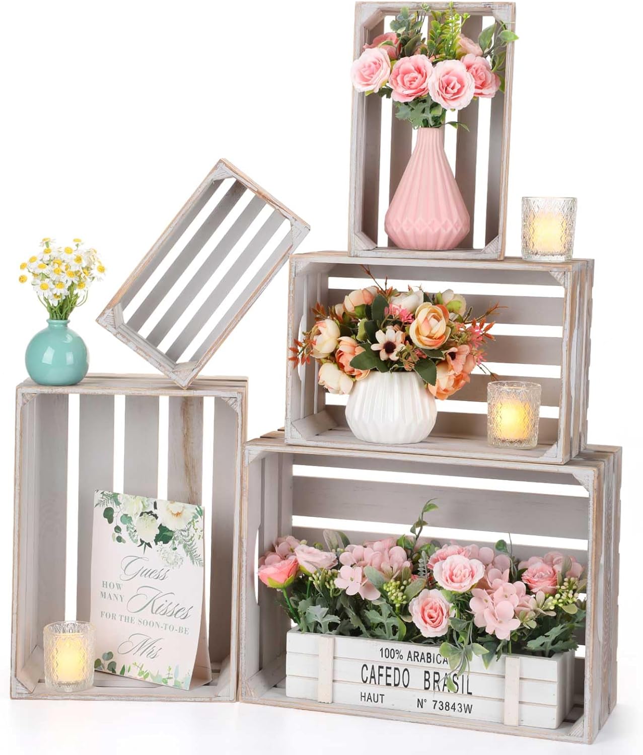 Soaoo 5 Pcs Decorative Nesting Wooden Crates for Storage Display 5 Size Large Small Rustic Wood Decorative Storage Crates with Handle Farmhouse Crate Box Container Made from Pine(Vintage Gray)