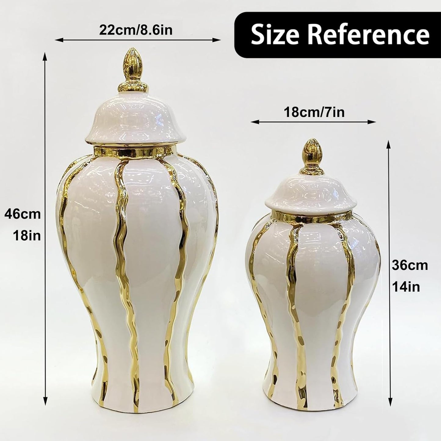 Ginger Jar, White Gold Ceramic Vase Large Handmade Porcelain Vases with Lid, White Gold Decorative Flower Vase for Home, Living Room, Weddings, Centerpieces (14in with Lid)