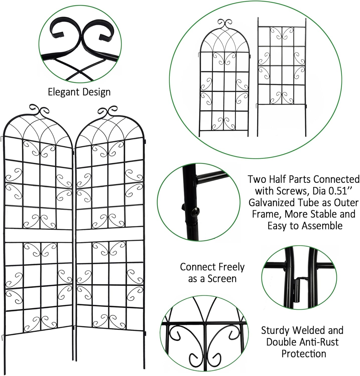 2 Pack Metal Garden Trellis for Climbing Plants, 86.7" Tall Rustproof Outdoor Trellis Panel with Vine Design, Decorative Black Iron Plant Support for Vine, Rose, Flower, Garden Wall