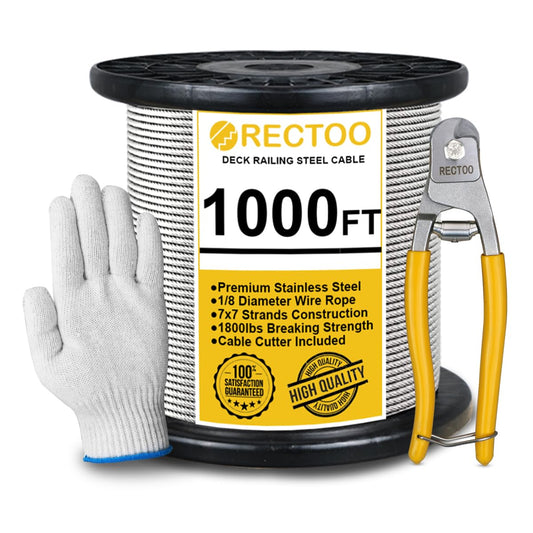 1000FT 1/8" T316 Stainless Steel Cable with Cutter, 7x7 Strands Aircraft Wire Rope for Deck Railing, Stair Handrail, Porch Fence, High Strength for Indoor and Outdoor Use