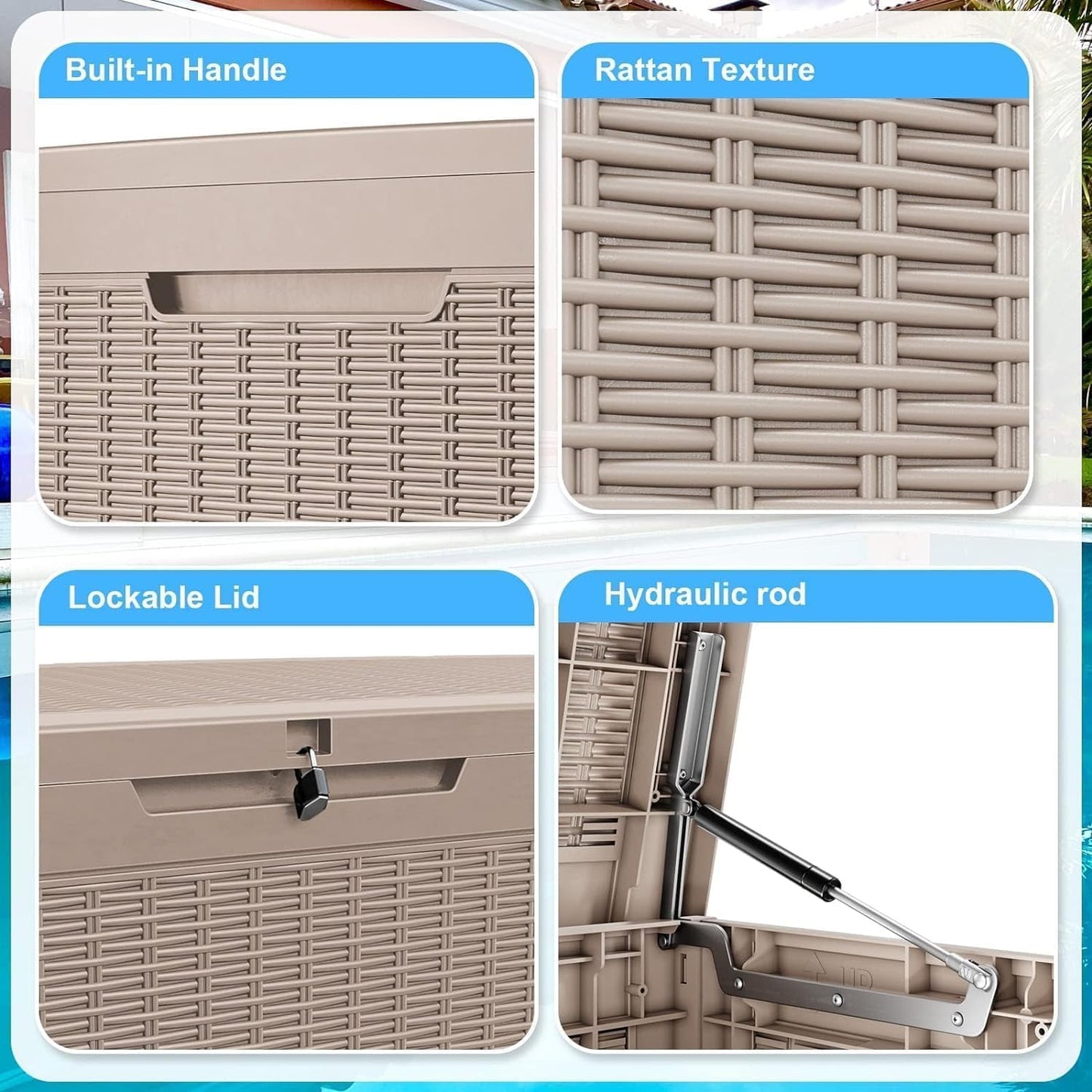 102 Gallon Outdoor Storage Box Waterproof, UV Resistant Resin Deck Box with Hydraulic Rod, Lockable Design and Enhanced Durability for Patio, Garden, and Poolside Use