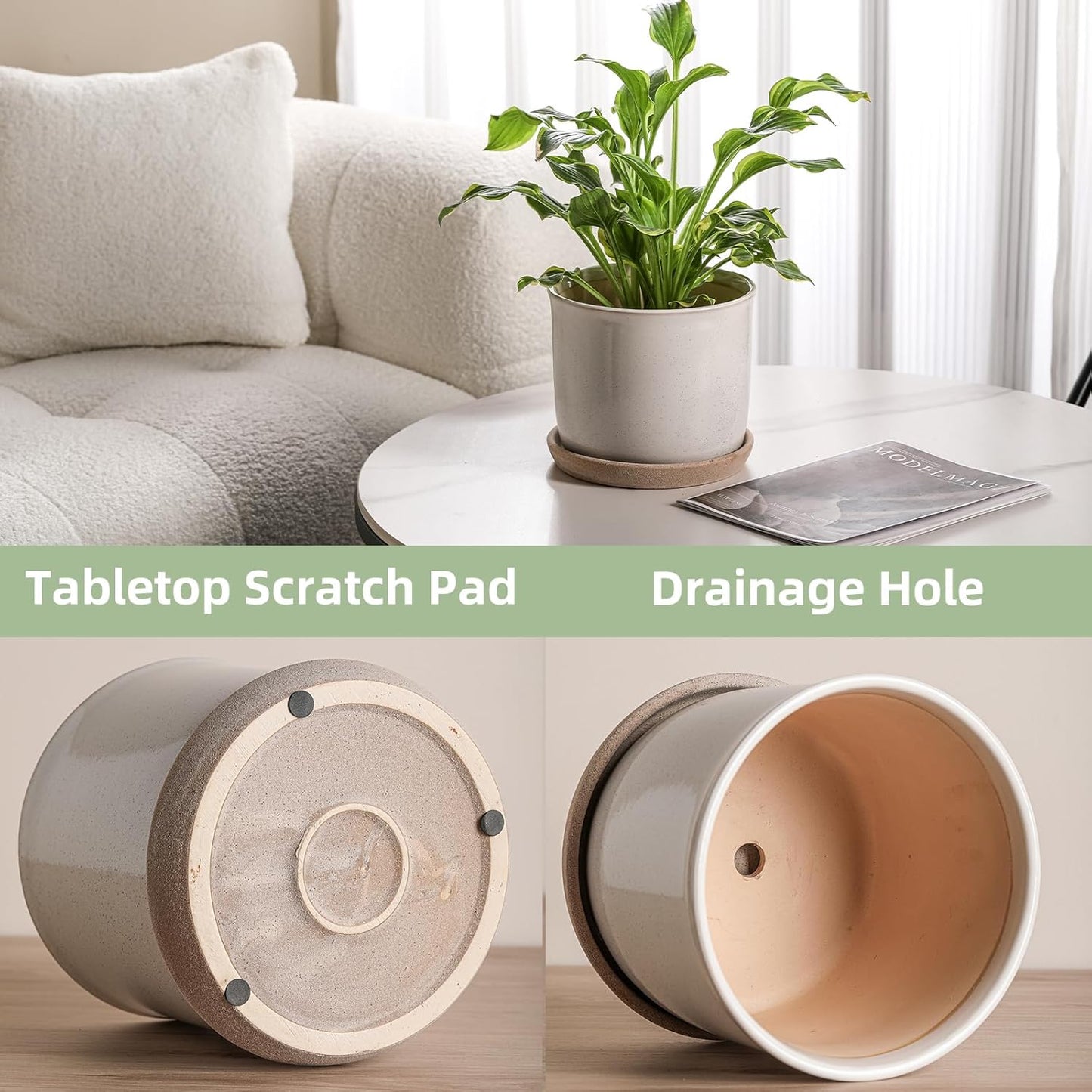 8 Inch Plant Pot: Ceramic Planter with Drainage Hole & Saucer for Indoor Outdoor Plants - Flowerpot with Bonded Tray for Home Office - Retro Style, Grey