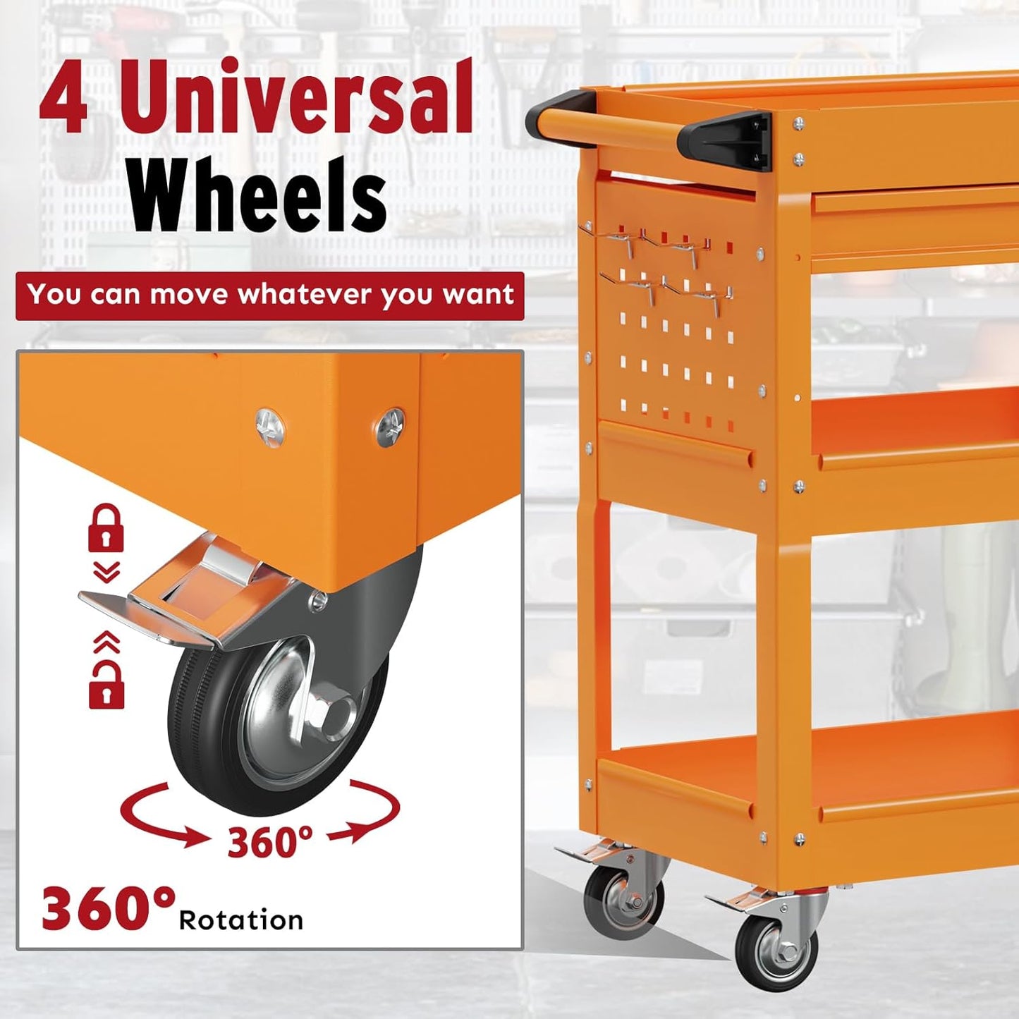 3 Tier Rolling Cart, Heavy Duty Utility Industrial Service Carts on Wheels, Metal Tool Cart with Locked Drawers, Ideal for Garage, Warehouse and Repair Shop（Orange）