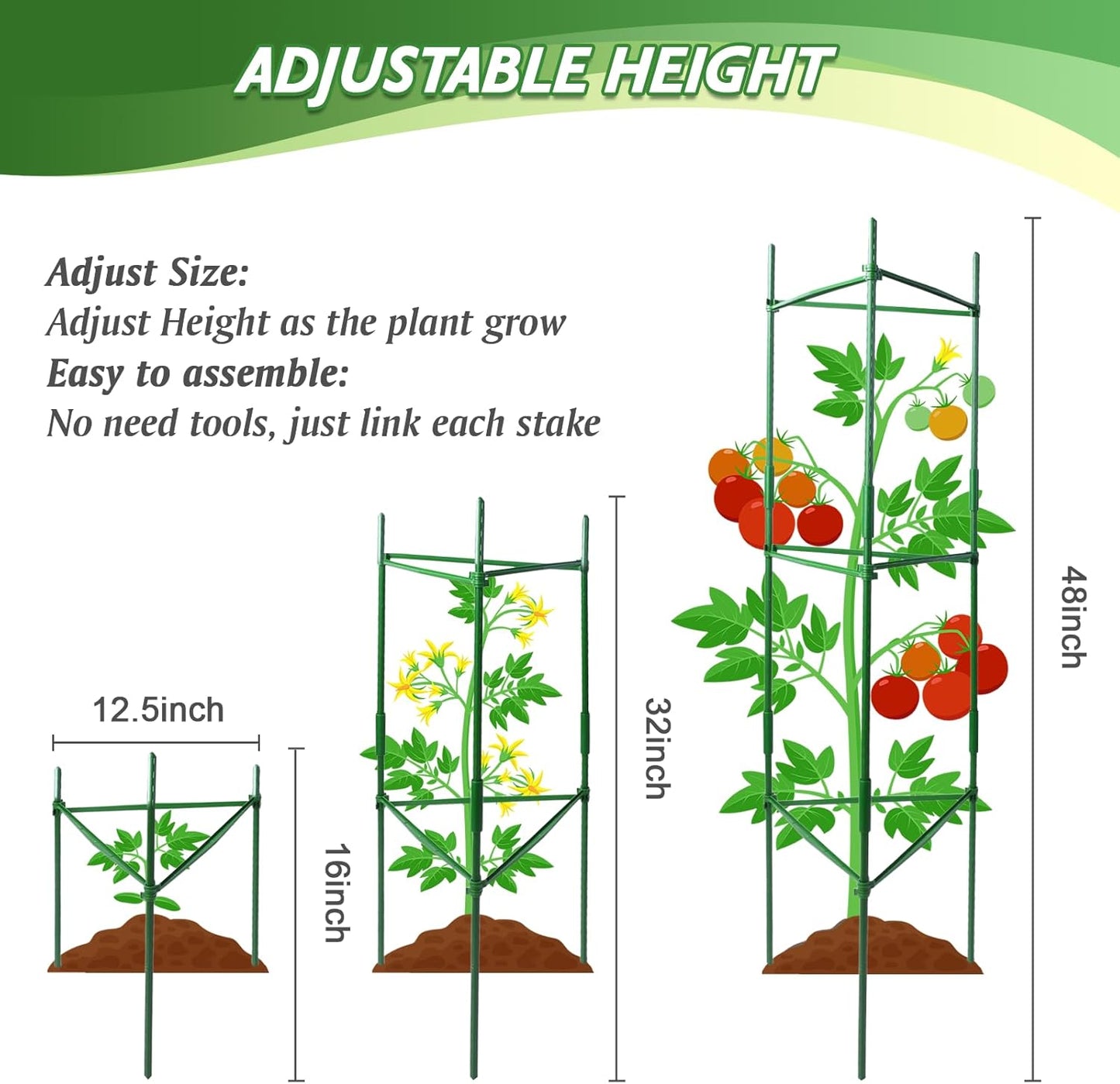6 Pack Tomato Cage for Garden & Pots, Rust-Resistant Tomato Stakes Plant Cage Trellis Support for Climbing Vegetables Plants Flowers - 48 Inch