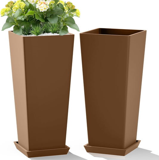 Set of 2 Tall Planters, 24" Large Indoor Outdoor Flower Pots with Tray, Modern Tapered Planters for Porch, Patio, Garden, Backyard