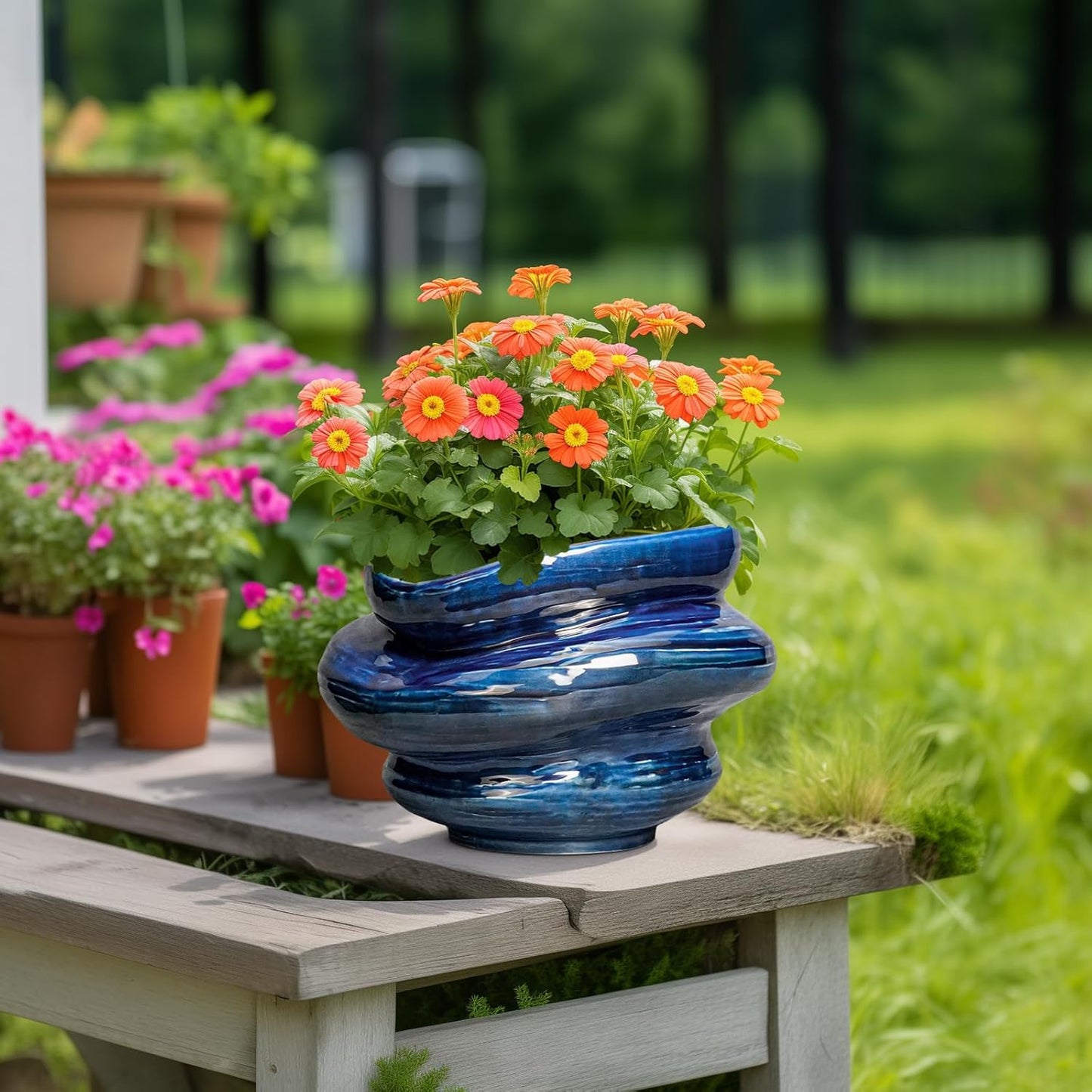 Ceramic Pots for Plants - 11 Inch Ceramic Planter with Drainage Hole, Decorative Planters for Indoor Outdoor, Unique Flower Pots, Garden Office House Decor, Birthday Housewarming Gifts, Blue