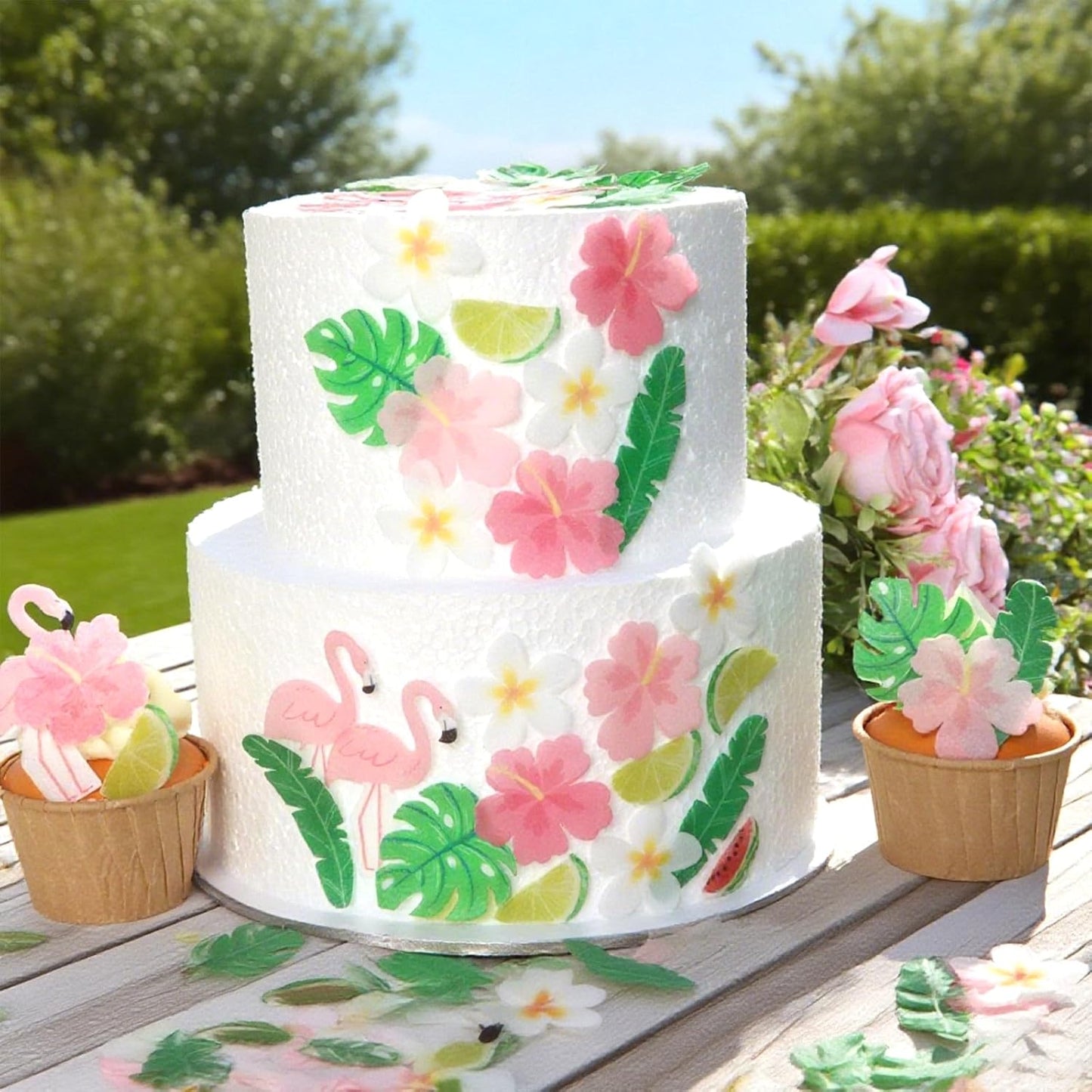 75 Pcs Edible Flowers Cupcake Toppers Cake Decorations Wafer Tropical Cake Decorations Hawaiian Birthday Decoration for Tropical Luau Summer Party