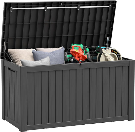 150 Gallon Resin Deck Box, Large Indoor and Outdoor Storage Box, Weatherproof and UV Resistant Outdoor Storage Box with Built-in Steel Beams for Patio, Cushions, Pool Supplies