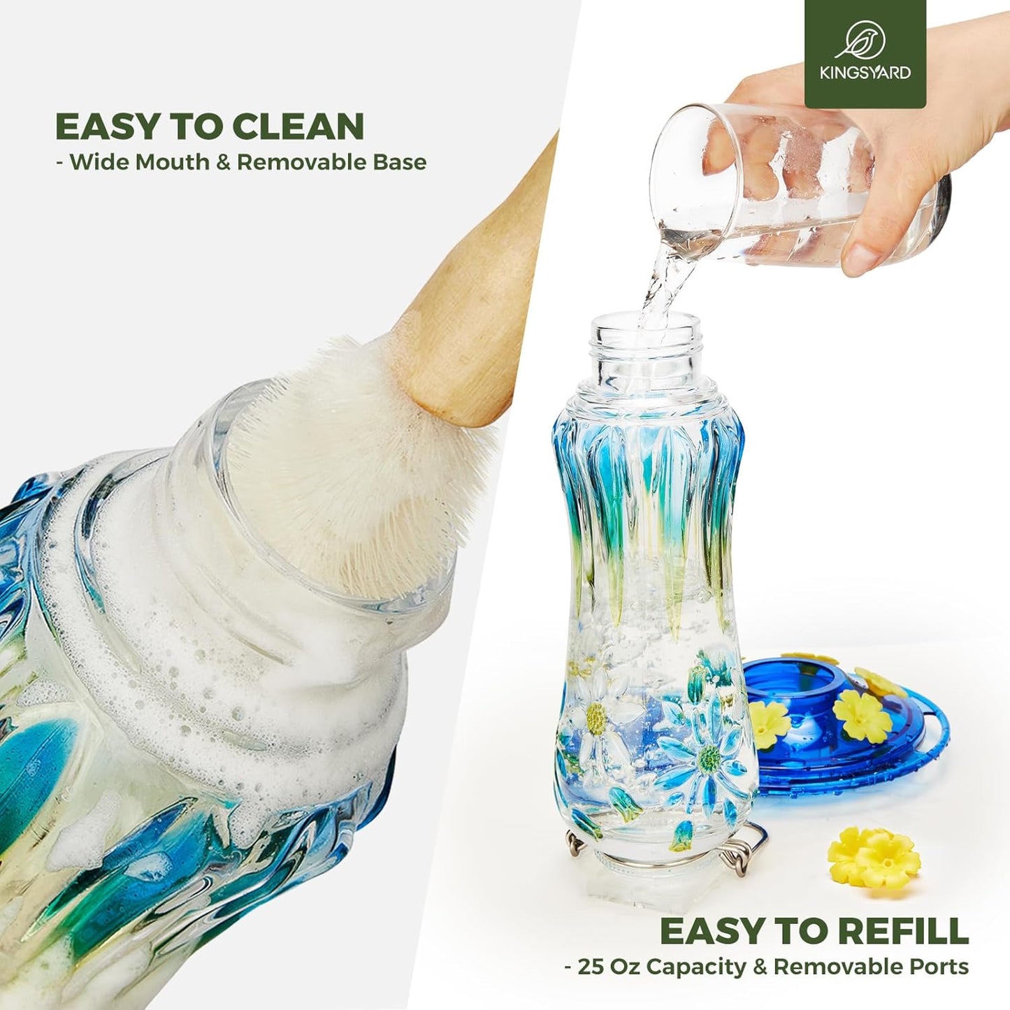 Kingsyard Hummingbird Feeder for Outdoors Hanging, 25 Ounces, Glass Humming Bird Nectar Feeder with Ant Moat & 6 Feeding Ports, Leak Proof, Blue