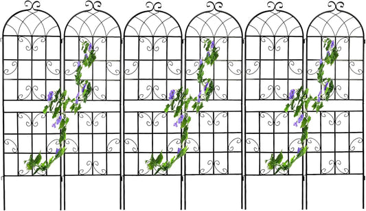 6 Pack Metal Garden Trellis for Climbing Plants, 86.7" Tall Rustproof Outdoor Trellis Panel with Vine Design, Decorative Black Iron Plant Support for Vine, Rose, Flower, Garden Wall