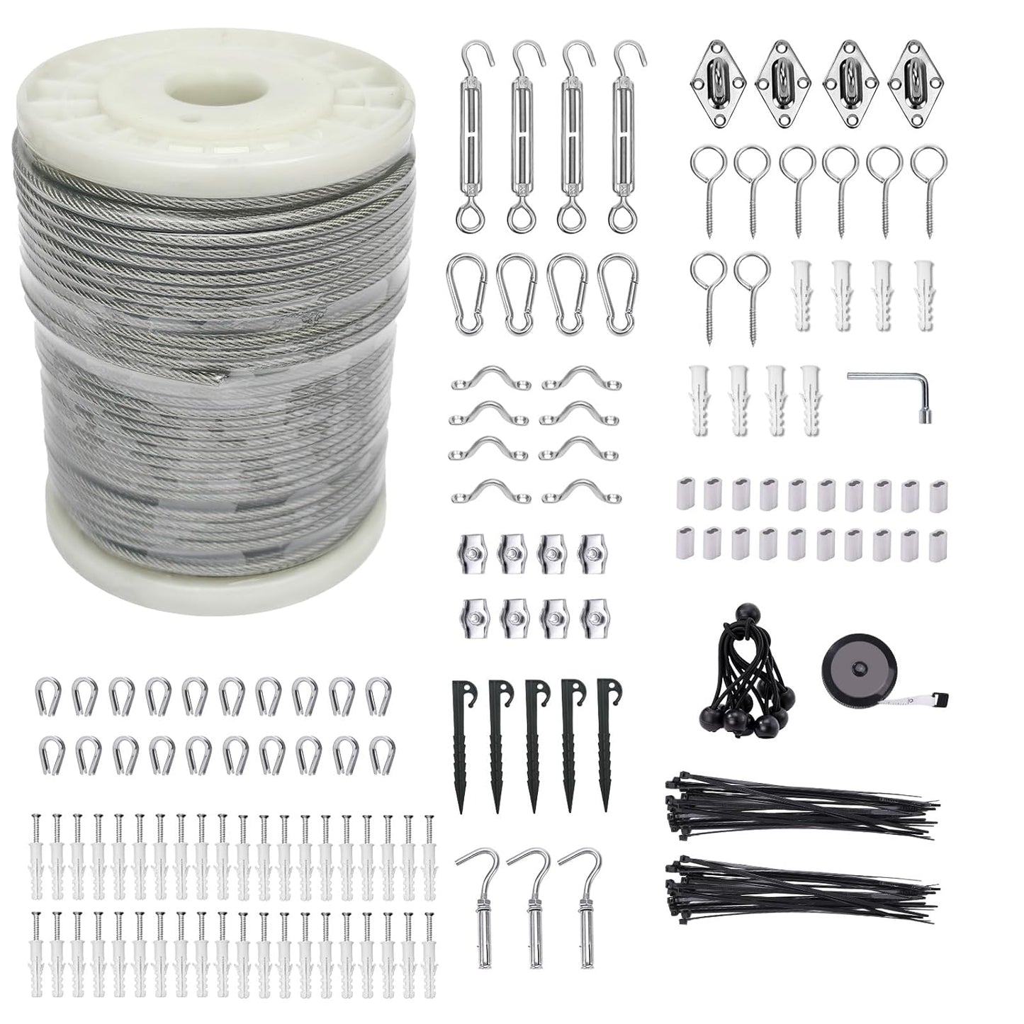 1/8" Wire Cable Rope Kit ，Vinyl Coated 304 Stainless Steel Wire – 200FT 7x7 Strand Cable with Turnbuckles，Shade Sail & Hanging Lights Hardware Kit for Outdoor, Garden,Patio, Crafts,
