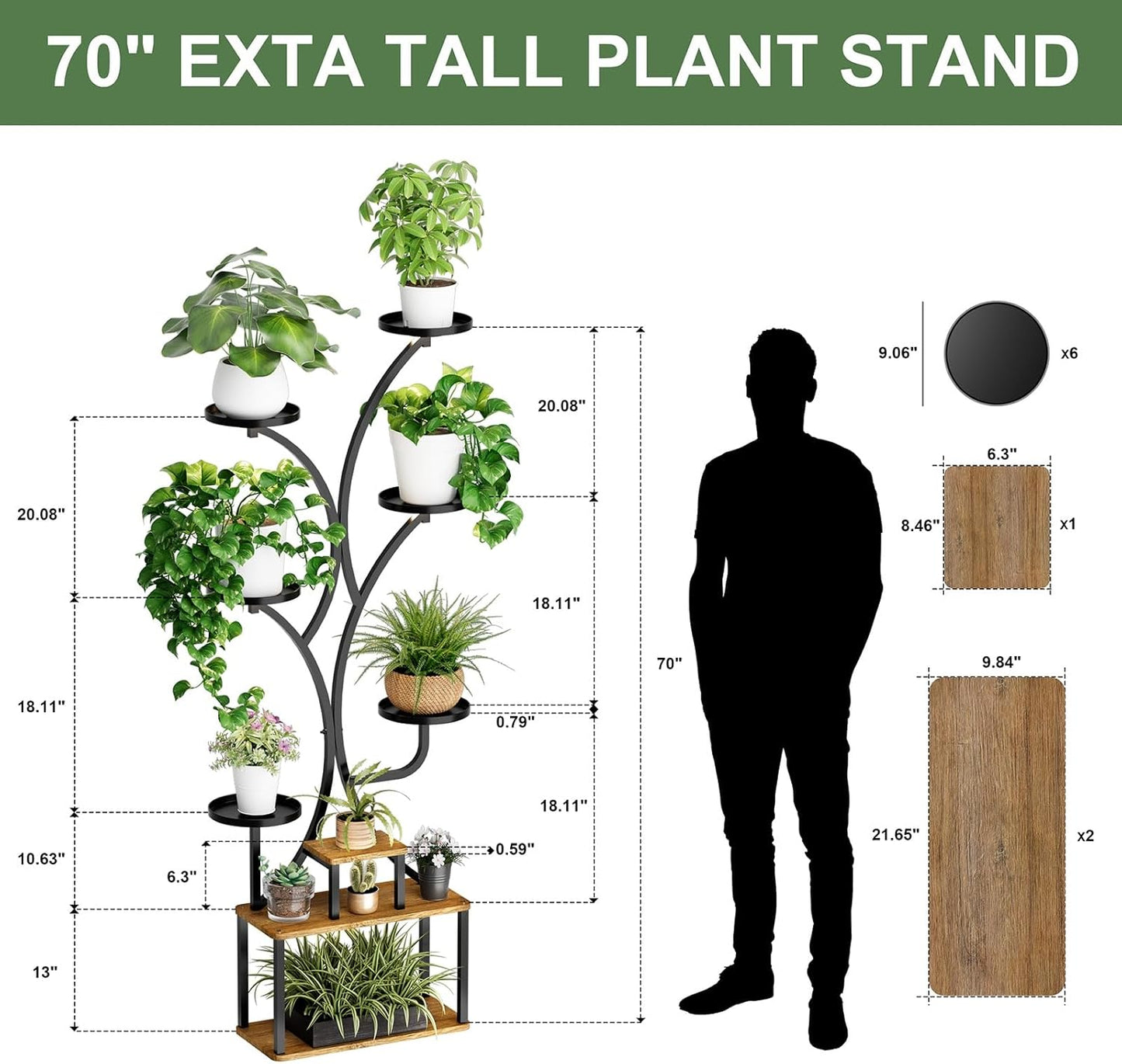 70" Tall Plant Stand Indoor with Grow Lights - Aesthetic 9-Tier Plant Holders for Multiple Plants - Large Curved Metal Flower Display Stand, Corner Plant Shelf for Living Room Home Gardening Decor