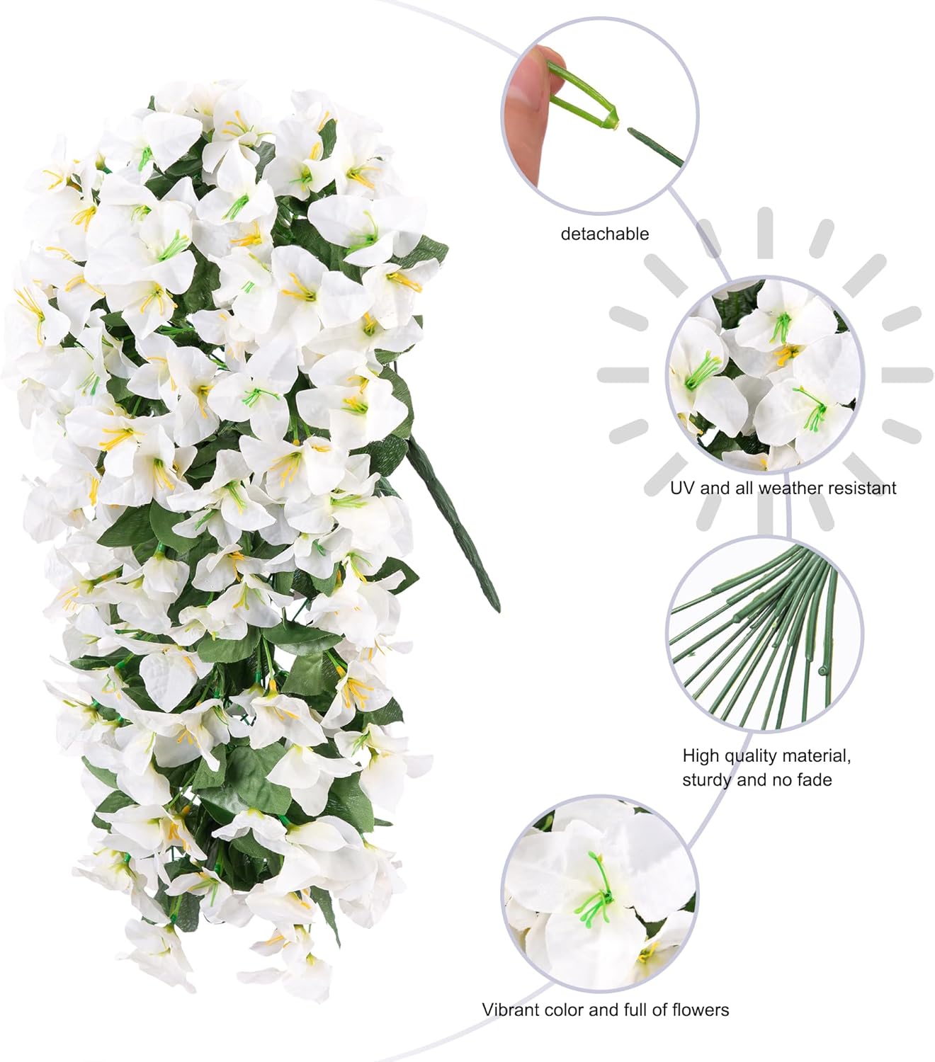 Bougainvillea Artificial Hanging Flowers Plants for Outdoors Decoration, 2pcs Fake Flowers Silk Bougainvillea Vines Realistic UV Resistant Faux Flowers for Outdoor Planters Patio Urn, White