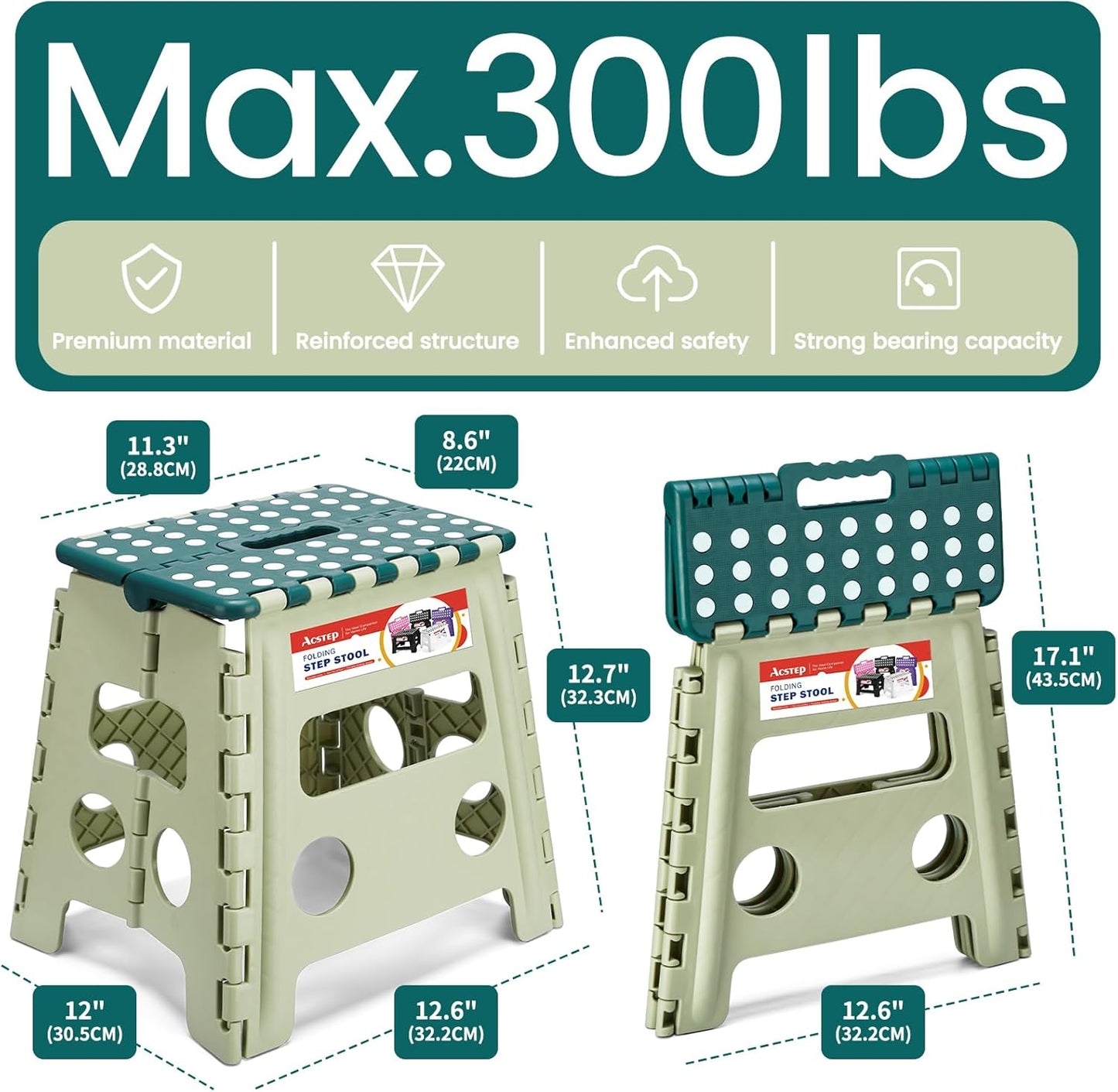 ACSTEP 13 Inch Folding Step Stool,Foldable Step Stools for Kids and Adults 300 LB Capacity, 300 LB Capacit Suitable for Kitchen Fishing,Green